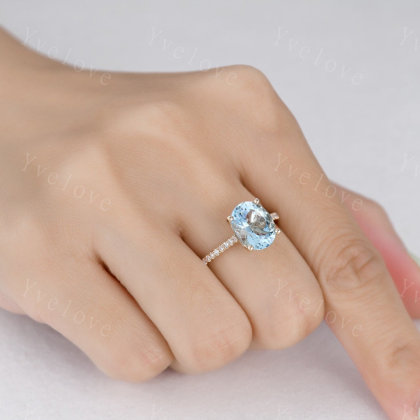 Aquamarine ring natural aquamarine engagement ring 8x10mm oval cut gemstone diamond band delicate jewelry custom ring 14k yellow gold ring