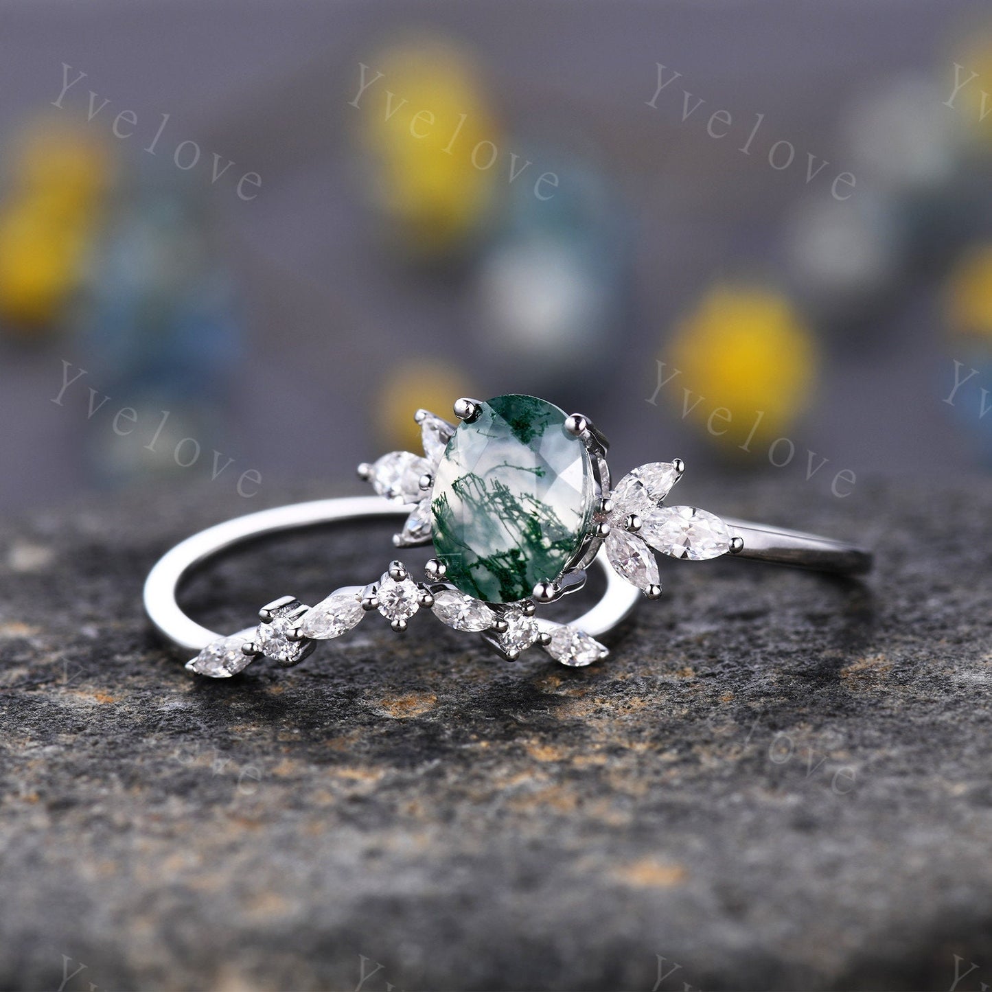 Moss Agate Engagement Ring Set Women Stacking Matching Band White Gold Moissanite Eternity Ring Unique Vintage Floral Design Promise Gift