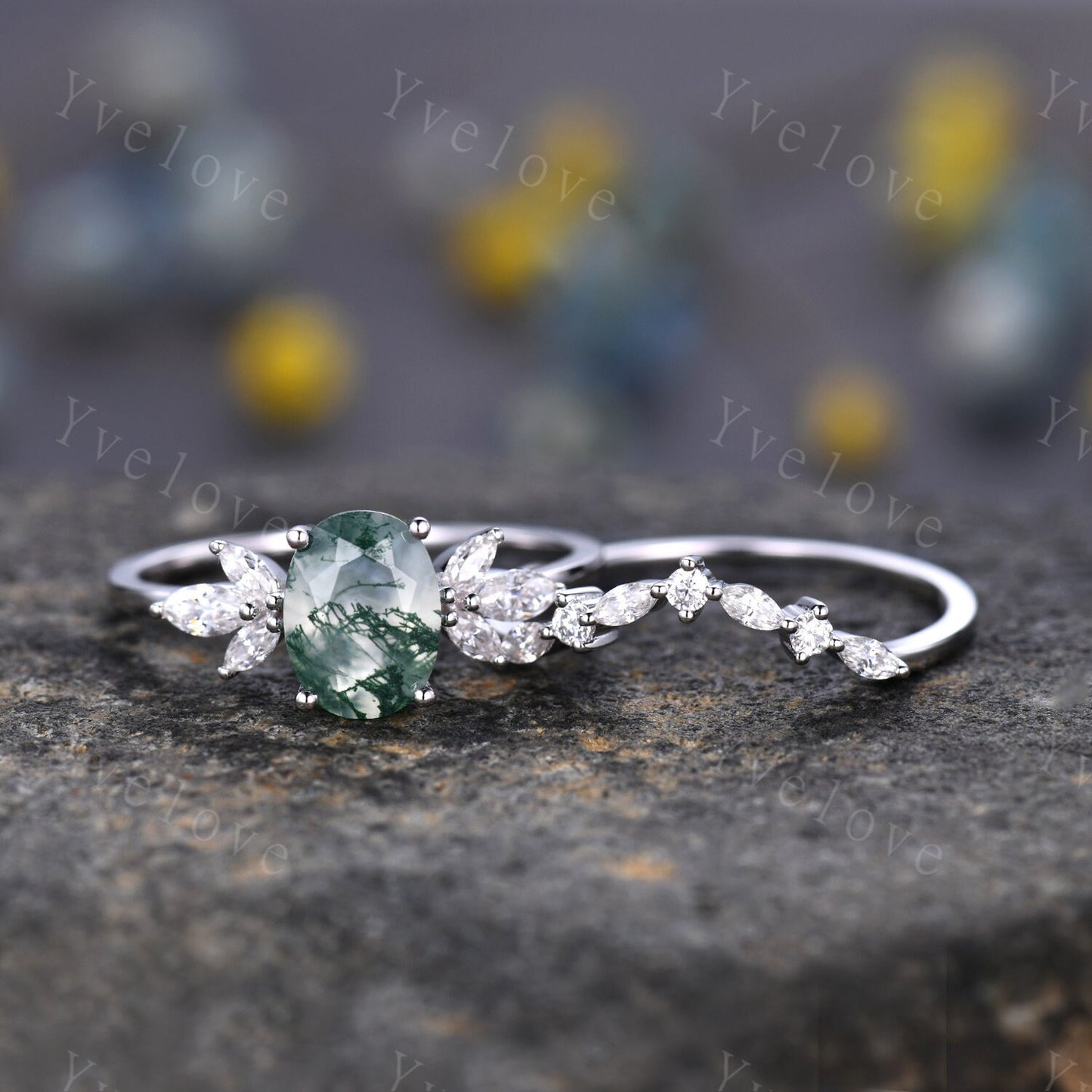 Moss Agate Engagement Ring Set Women Stacking Matching Band White Gold Moissanite Eternity Ring Unique Vintage Floral Design Promise Gift