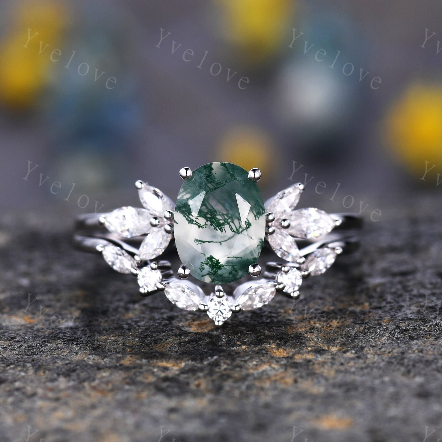 Moss Agate Engagement Ring Set Women Stacking Matching Band White Gold Moissanite Eternity Ring Unique Vintage Floral Design Promise Gift
