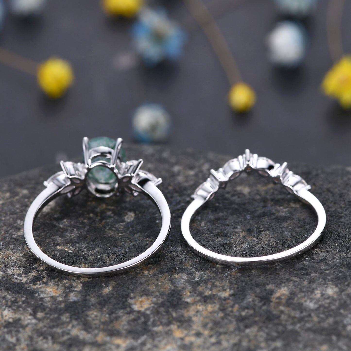 Moss Agate Engagement Ring Set Women Stacking Matching Band White Gold Moissanite Eternity Ring Unique Vintage Floral Design Promise Gift