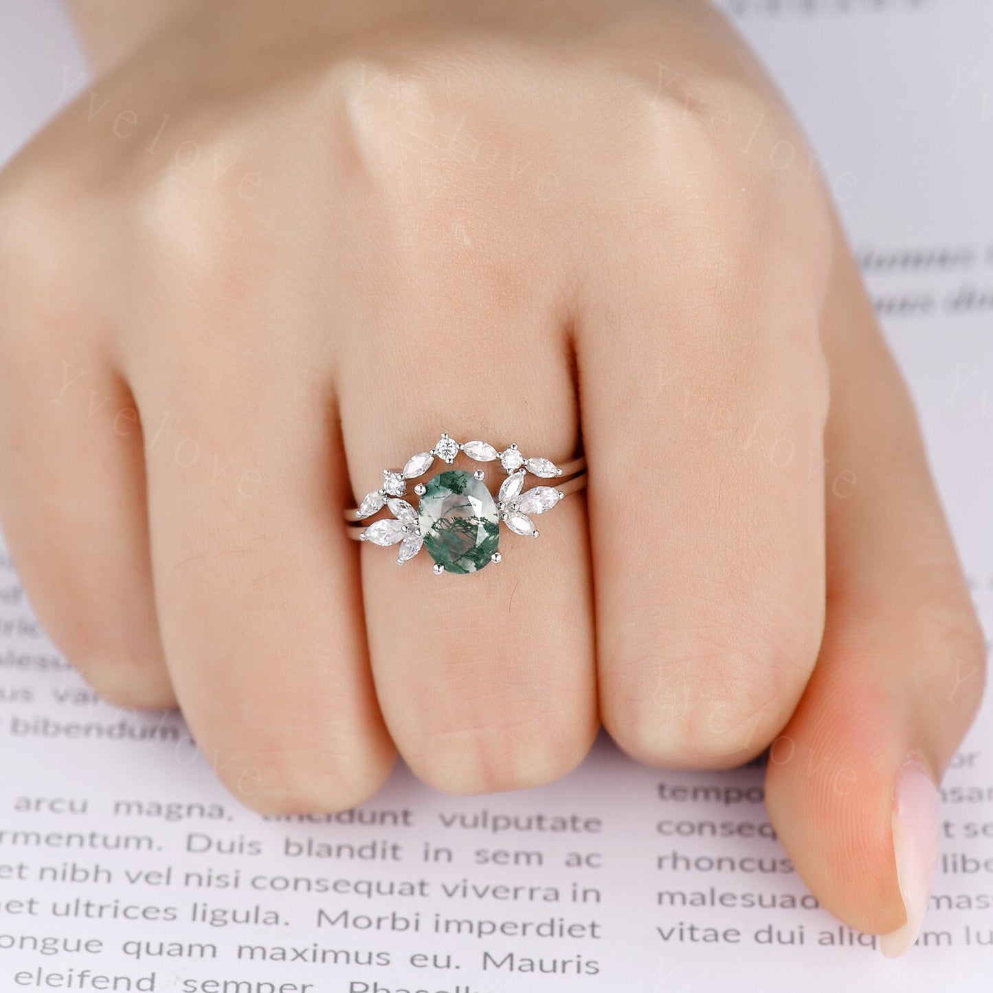 Moss Agate Engagement Ring Set Women Stacking Matching Band White Gold Moissanite Eternity Ring Unique Vintage Floral Design Promise Gift
