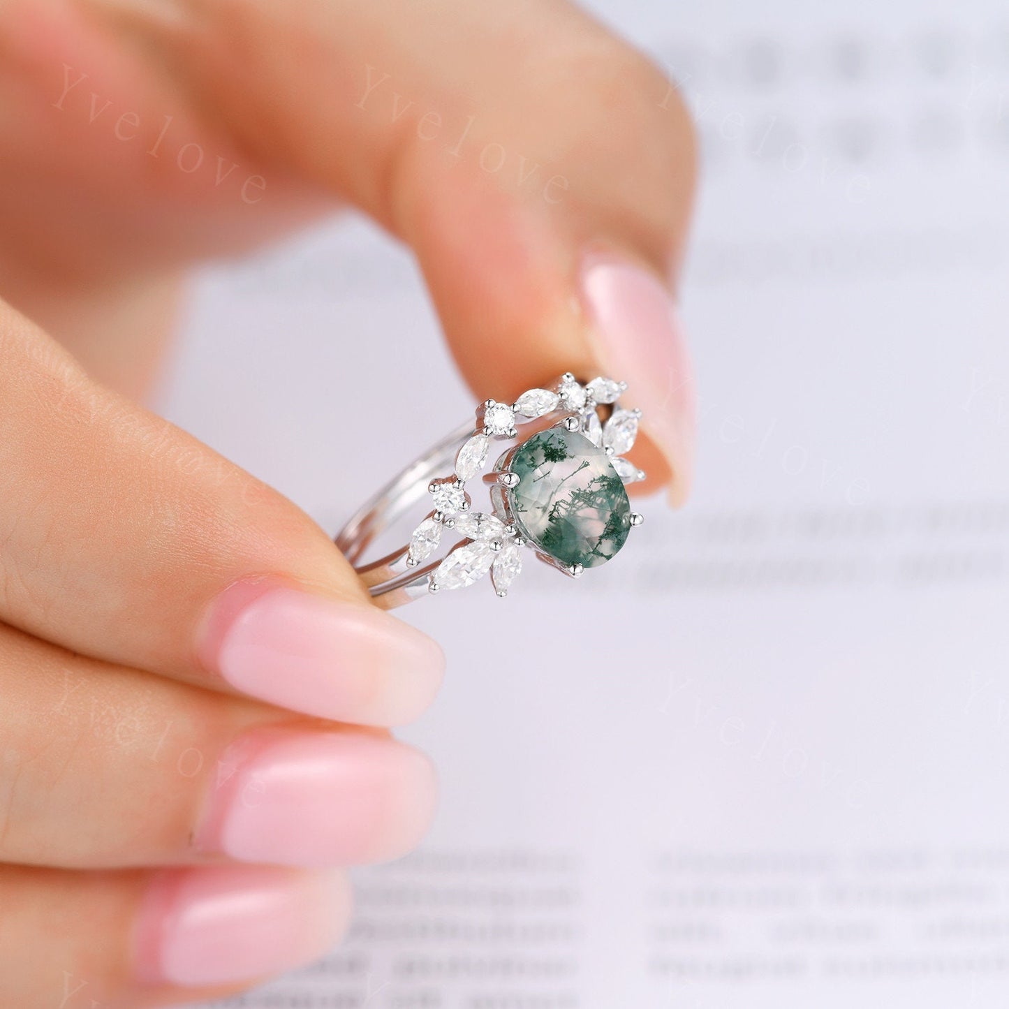 Moss Agate Engagement Ring Set Women Stacking Matching Band White Gold Moissanite Eternity Ring Unique Vintage Floral Design Promise Gift