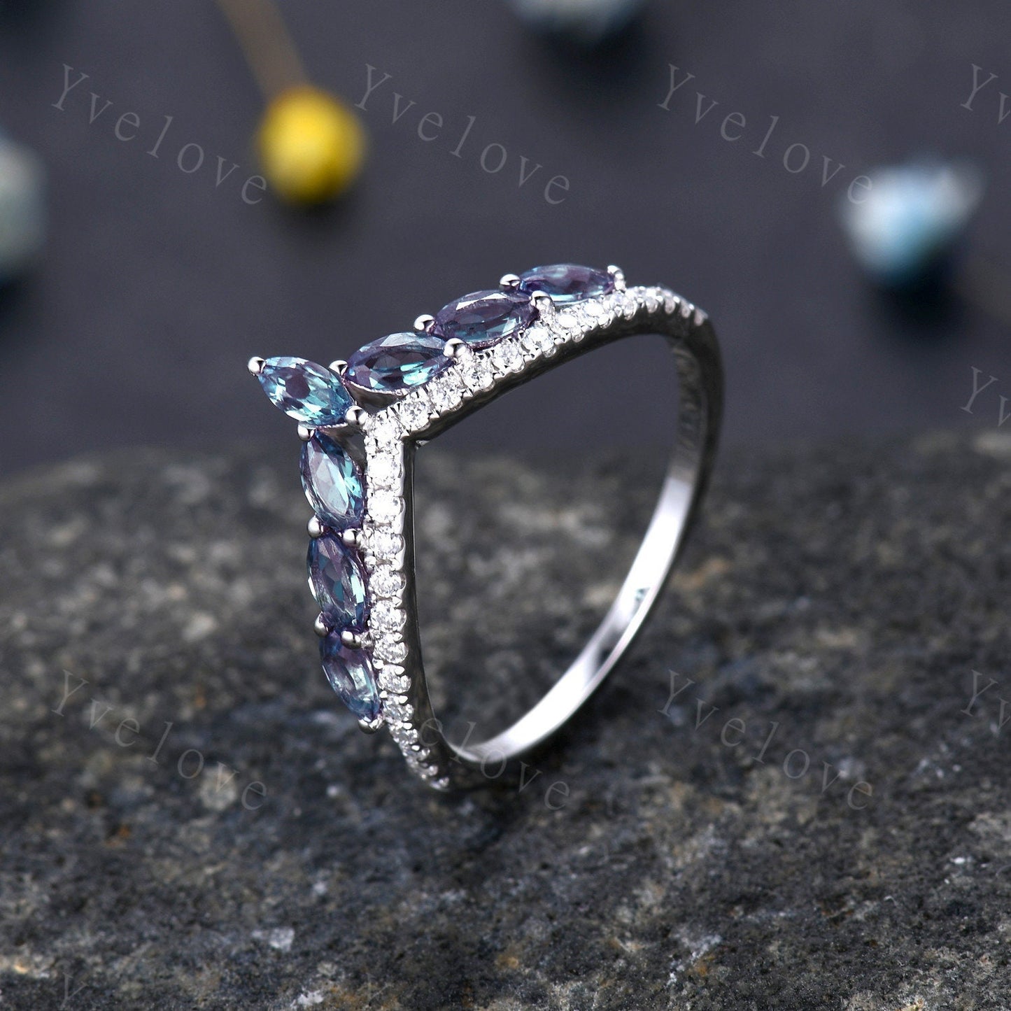 Unique Alexandrite wedding ring,Alexandrite wedding band,Marquise alexandrite ring,Curved V stacking rings,Diamond Ring,14k white  gold ring