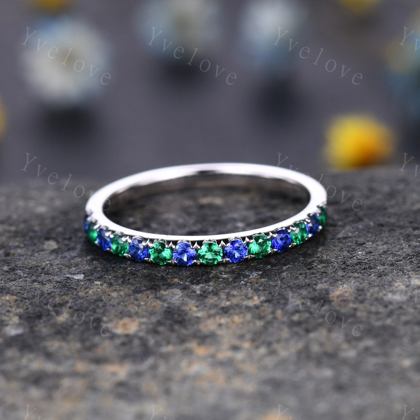 Emerald Sapphire wedding band half eternity art deco emerald ring 14k white gold gemstone promise bridal matching band May birthstone custom
