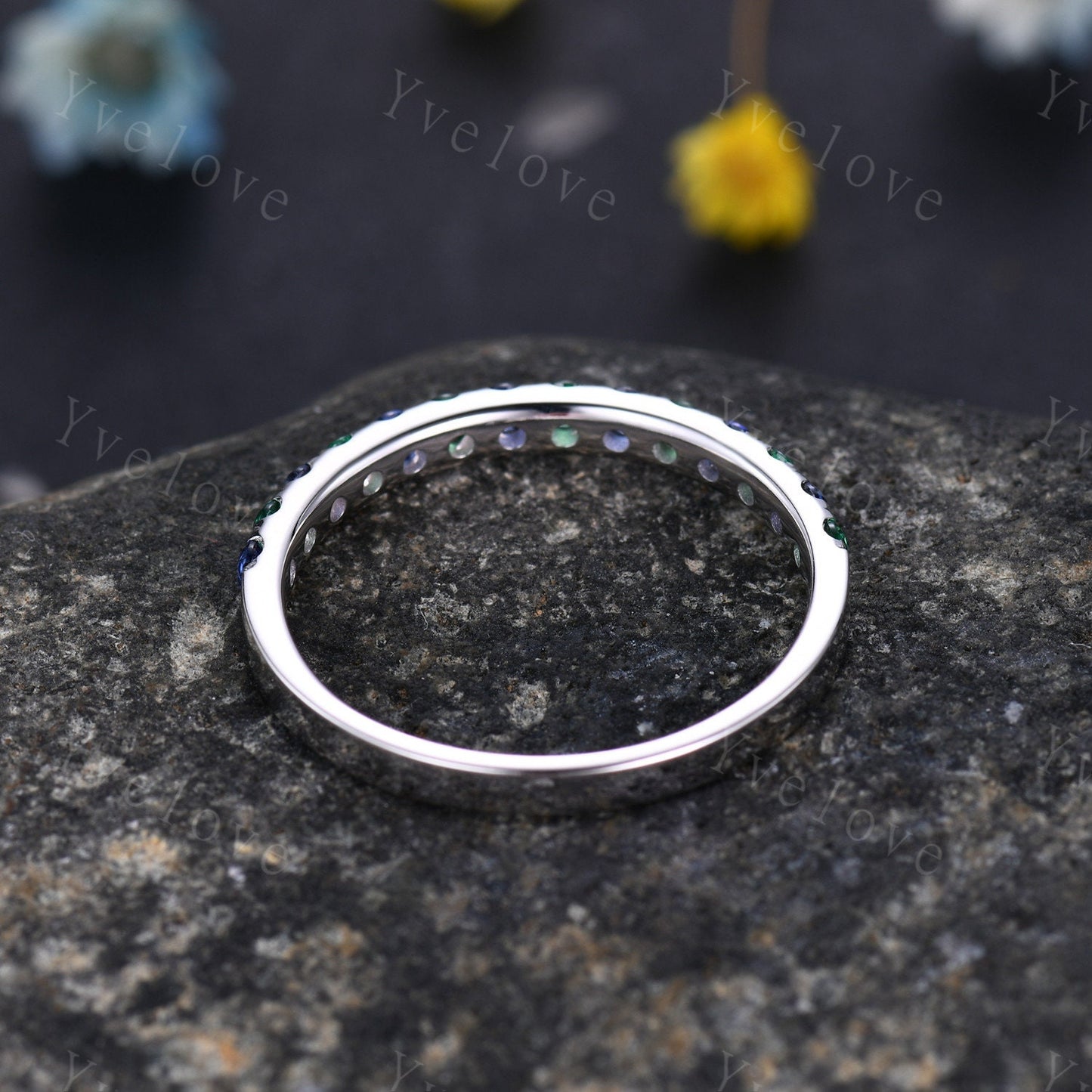 Emerald Sapphire wedding band half eternity art deco emerald ring 14k white gold gemstone promise bridal matching band May birthstone custom