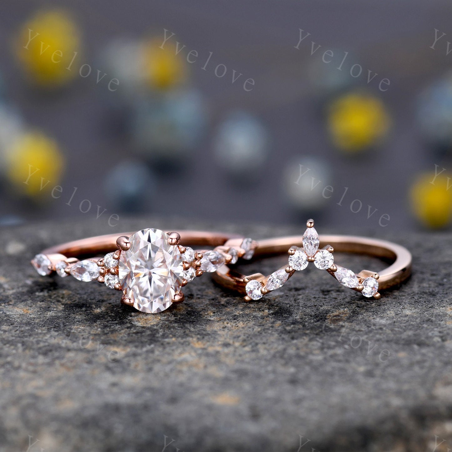 1.5ct Oval Moissanite Engagement Ring Set Moissanite Bridal Set Unique Marquise Moissanite Chevron Band Rose Gold Cluster Wedding Women Ring