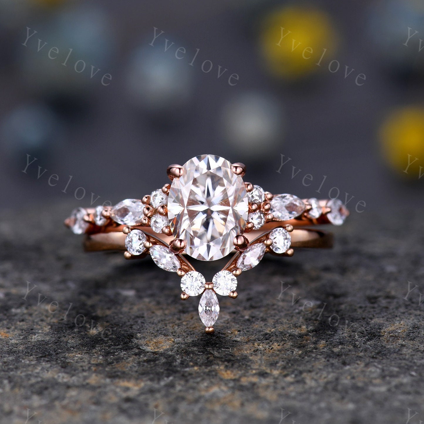 1.5ct Oval Moissanite Engagement Ring Set Moissanite Bridal Set Unique Marquise Moissanite Chevron Band Rose Gold Cluster Wedding Women Ring