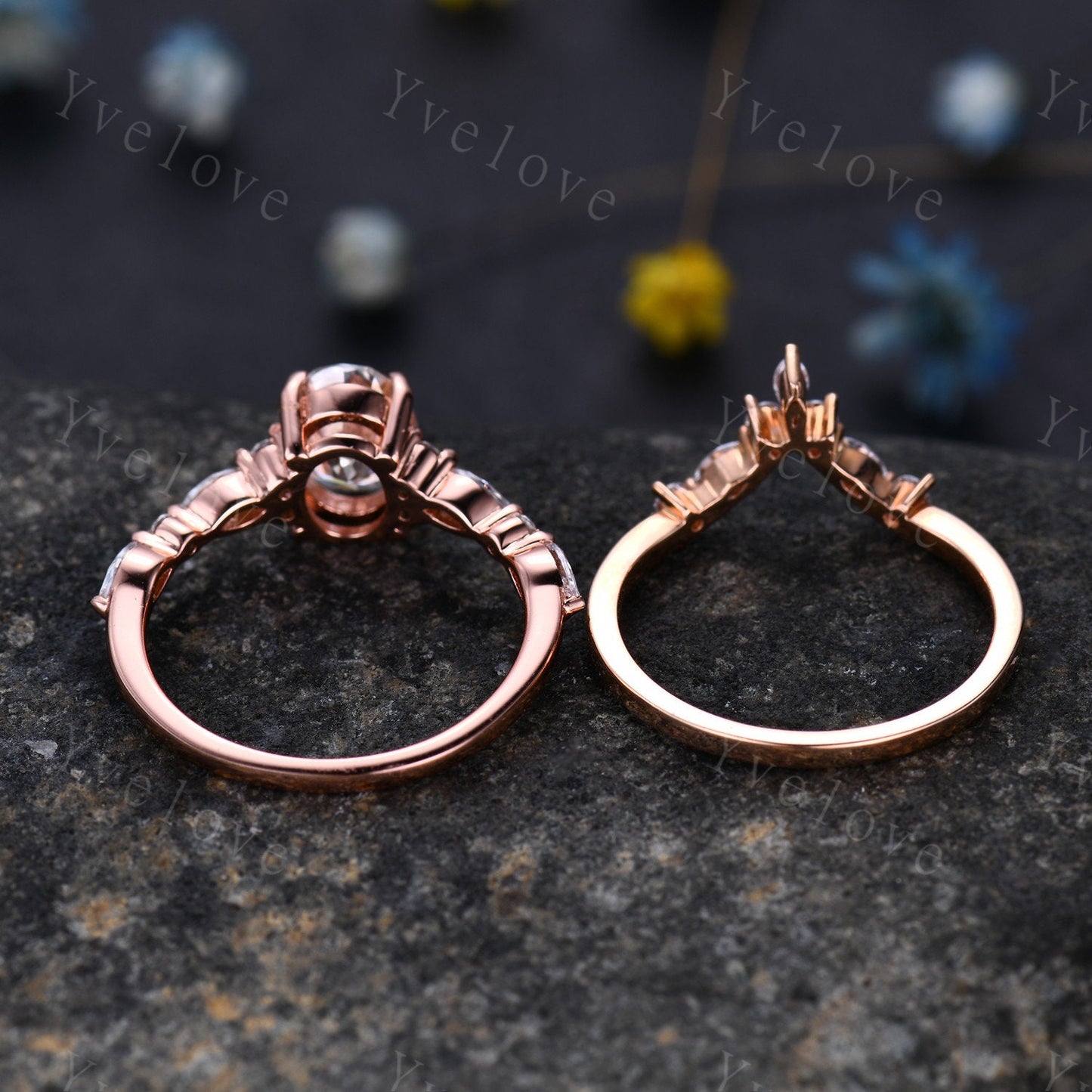 1.5ct Oval Moissanite Engagement Ring Set Moissanite Bridal Set Unique Marquise Moissanite Chevron Band Rose Gold Cluster Wedding Women Ring