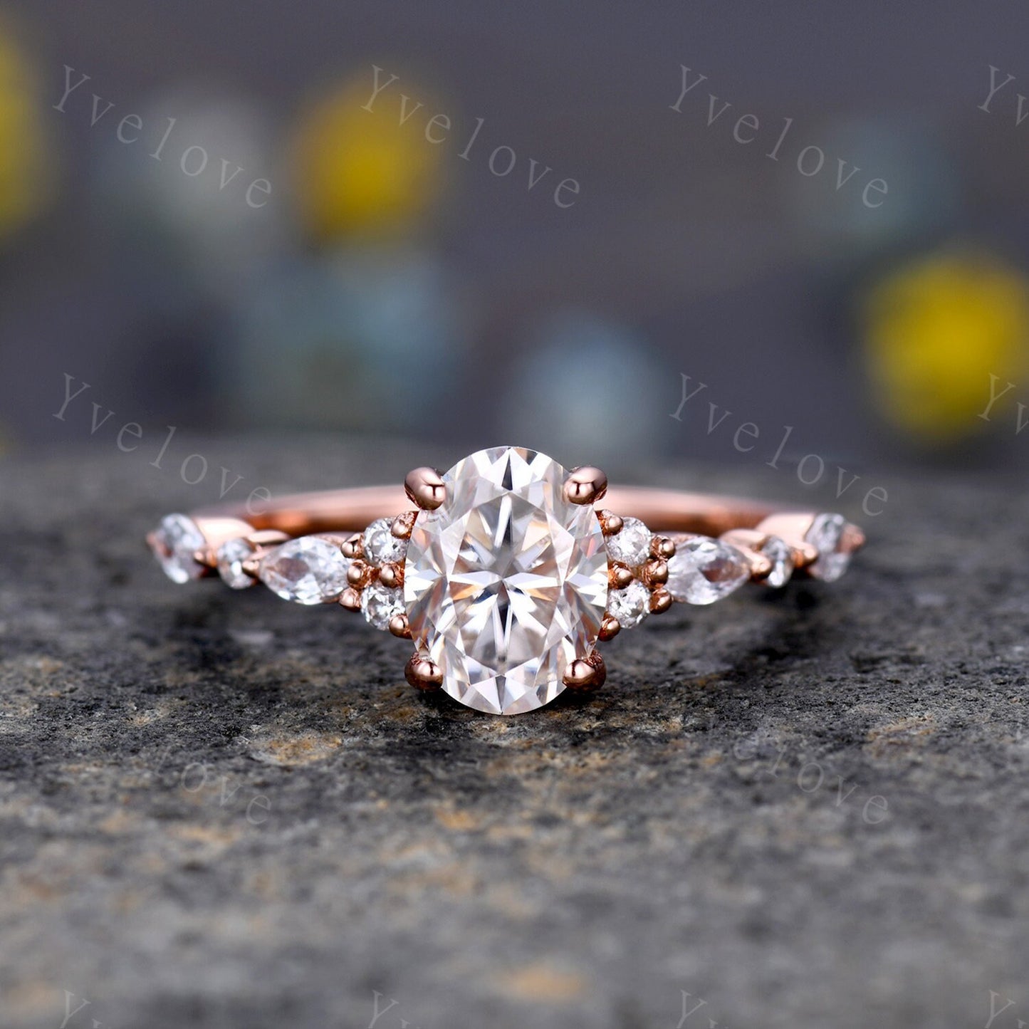 1.5ct Oval Moissanite Engagement Ring Set Moissanite Bridal Set Unique Marquise Moissanite Chevron Band Rose Gold Cluster Wedding Women Ring