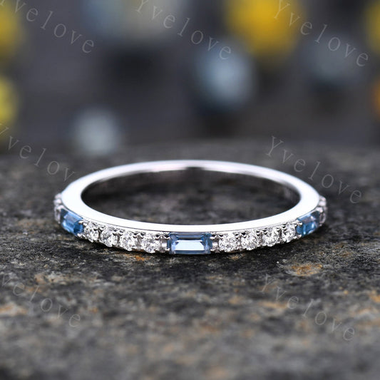 Blue Topaz Wedding Band 14K White Gold Half Eternity Diamond Wedding Ring Anniversary Gifts for Her Stacking Matching Band Handmade Ring