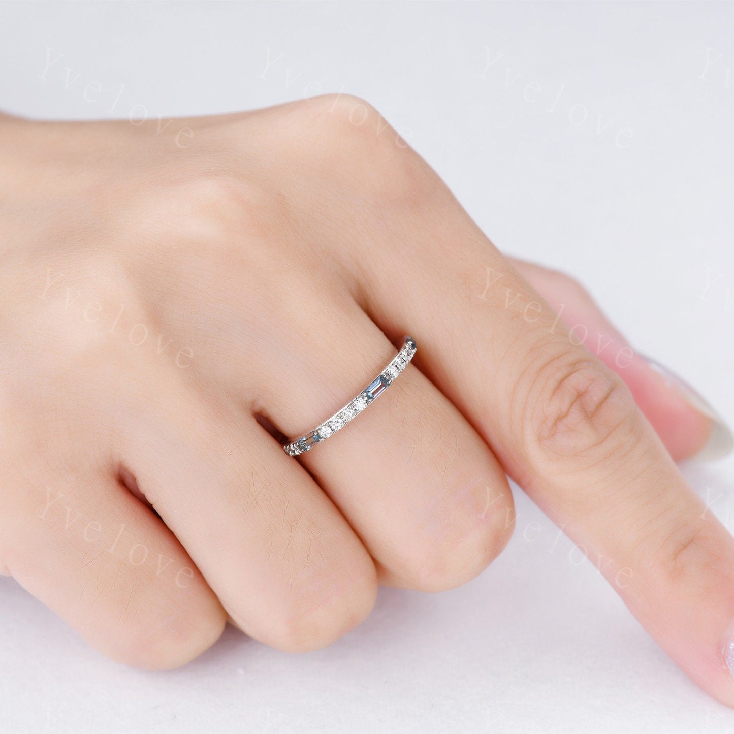 Blue Topaz Wedding Band 14K White Gold Half Eternity Diamond Wedding Ring Anniversary Gifts for Her Stacking Matching Band Handmade Ring