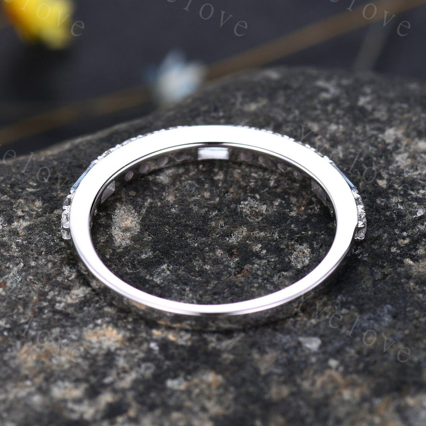 Blue Topaz Wedding Band 14K White Gold Half Eternity Diamond Wedding Ring Anniversary Gifts for Her Stacking Matching Band Handmade Ring
