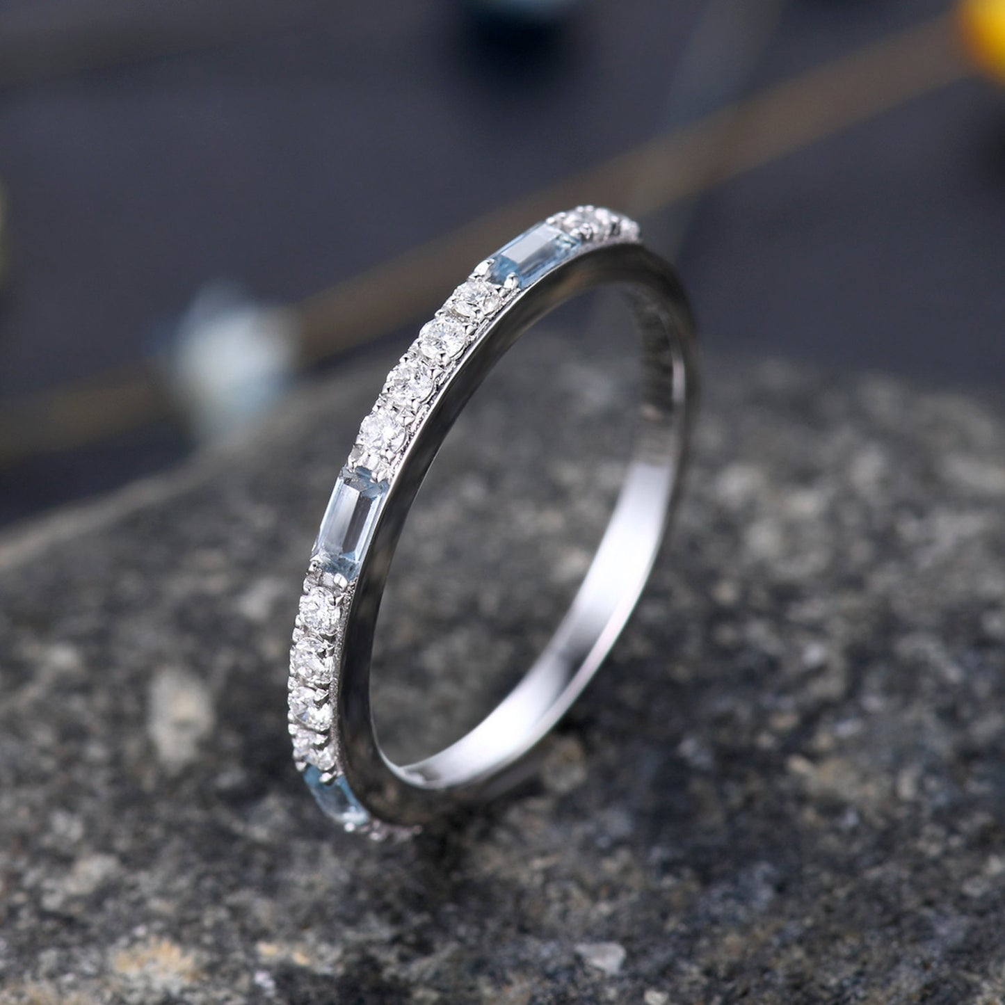 Blue Topaz Wedding Band 14K White Gold Half Eternity Diamond Wedding Ring Anniversary Gifts for Her Stacking Matching Band Handmade Ring