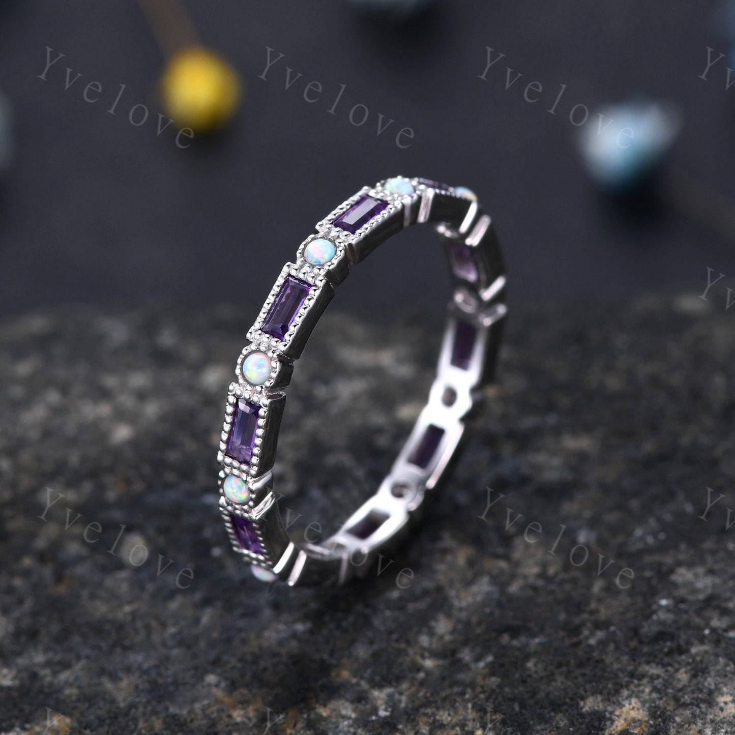 Amethyst Opal Engagement Ring,Full Eternity Baguette Amethyst Opal Ring,Stacking Opal Band, Two Birthstone Ring,Family Ring Valentine's Gift