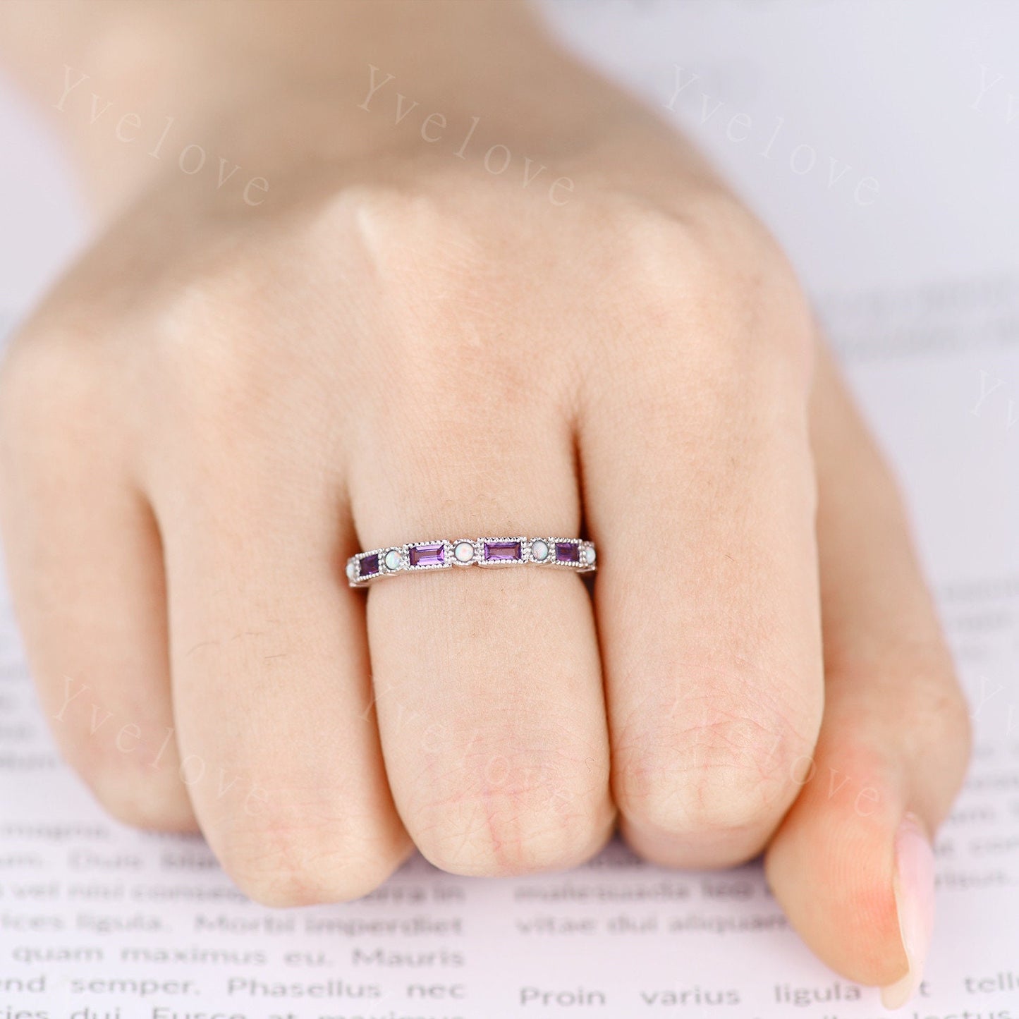 Amethyst Opal Engagement Ring,Full Eternity Baguette Amethyst Opal Ring,Stacking Opal Band, Two Birthstone Ring,Family Ring Valentine's Gift