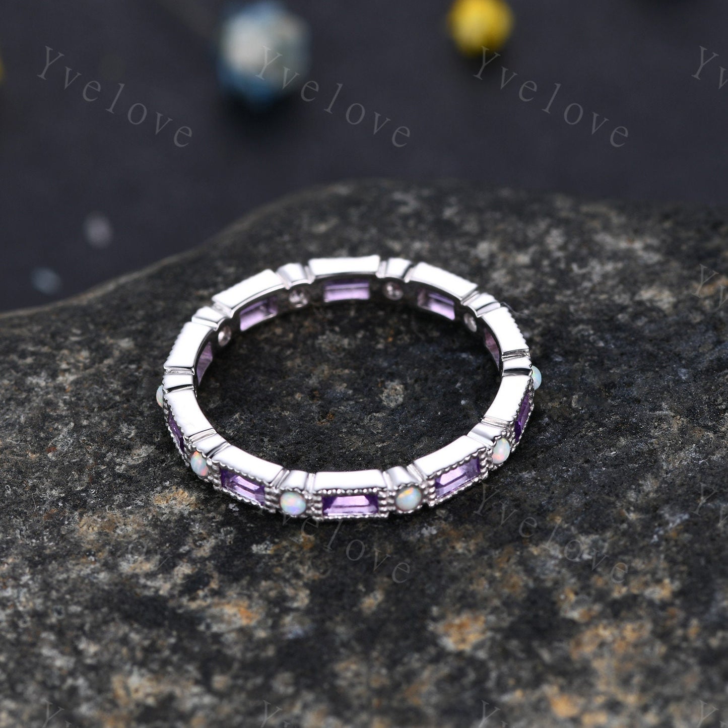 Amethyst Opal Engagement Ring,Full Eternity Baguette Amethyst Opal Ring,Stacking Opal Band, Two Birthstone Ring,Family Ring Valentine's Gift