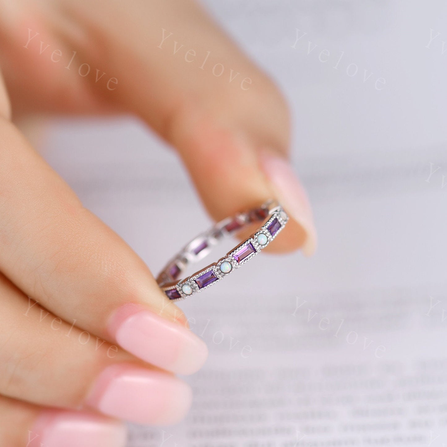 Amethyst Opal Engagement Ring,Full Eternity Baguette Amethyst Opal Ring,Stacking Opal Band, Two Birthstone Ring,Family Ring Valentine's Gift