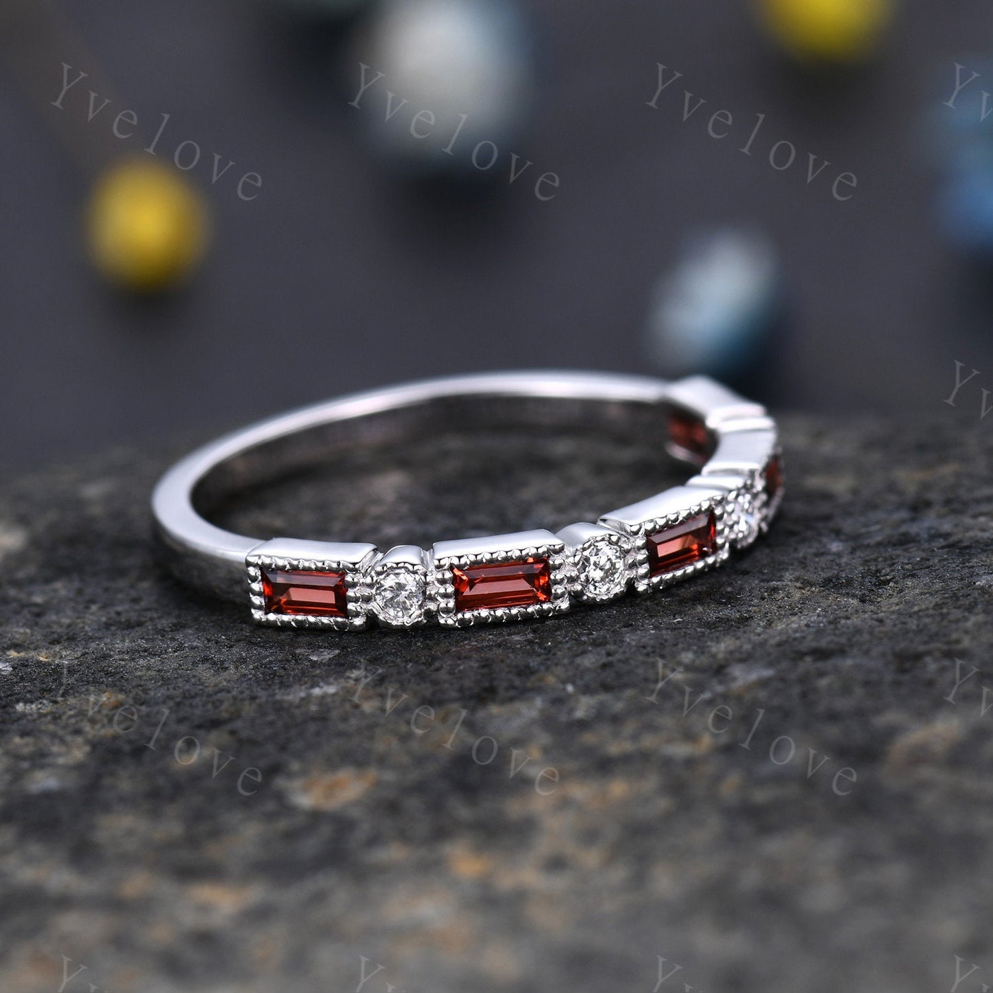 Half eternity garnet diamond wedding band baguette cut garnet natural diamond engagemnt band January birthstone gift for her sterling silver