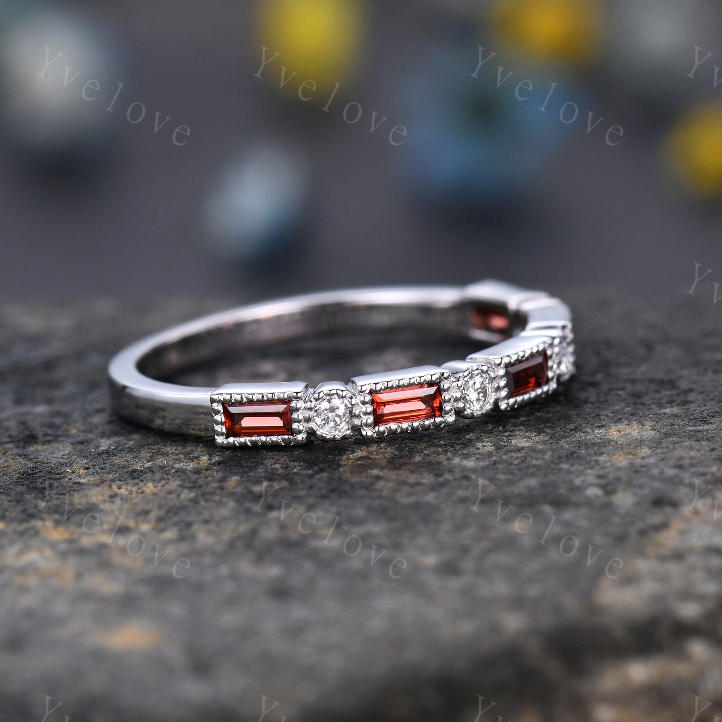 Half eternity garnet diamond wedding band baguette cut garnet natural diamond engagemnt band January birthstone gift for her sterling silver