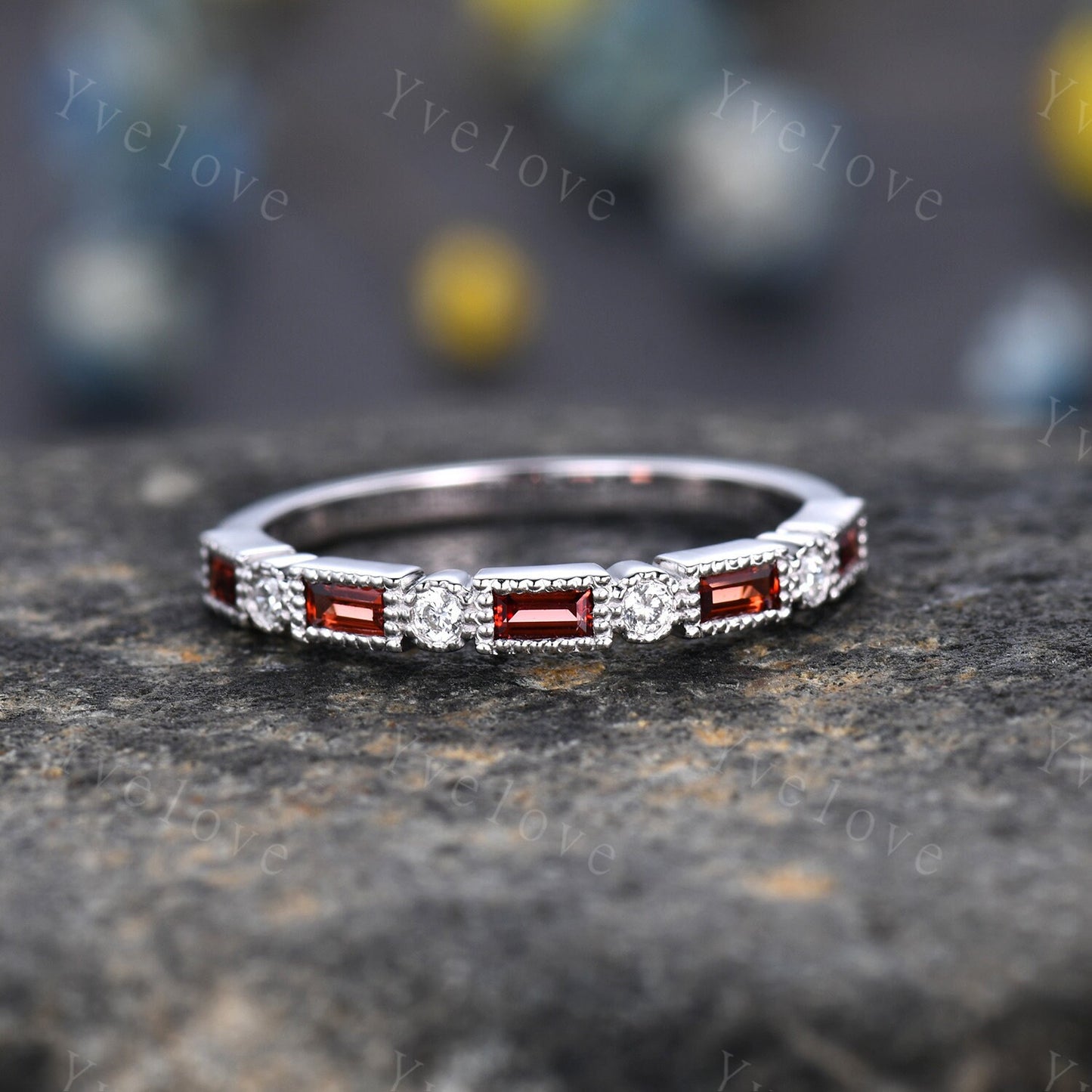Half eternity garnet diamond wedding band baguette cut garnet natural diamond engagemnt band January birthstone gift for her sterling silver