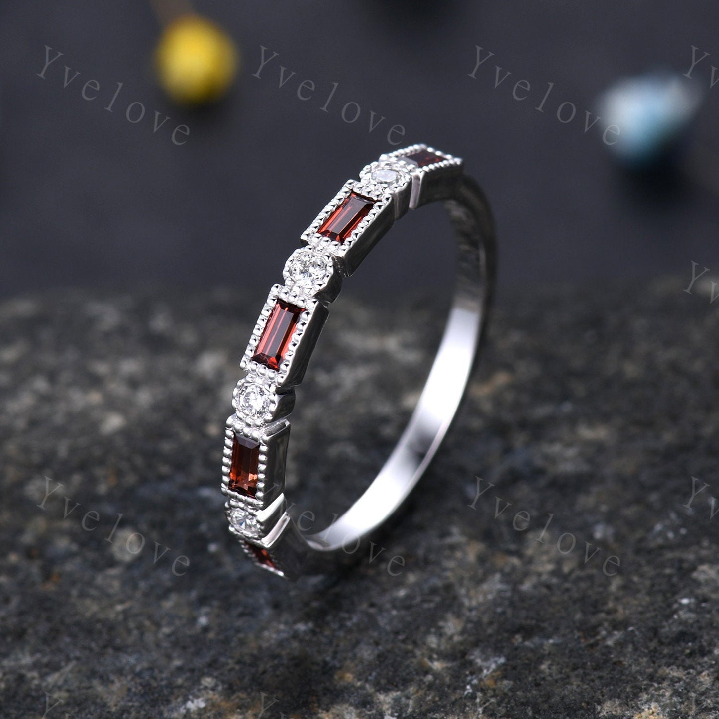 Half eternity garnet diamond wedding band baguette cut garnet natural diamond engagemnt band January birthstone gift for her sterling silver