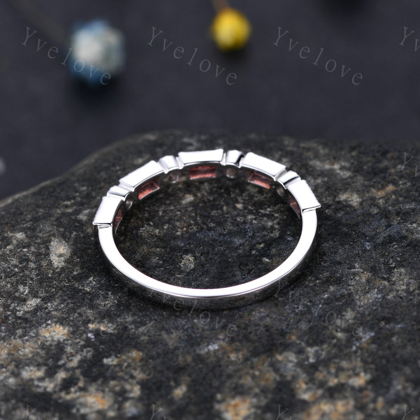 Half eternity garnet diamond wedding band baguette cut garnet natural diamond engagemnt band January birthstone gift for her sterling silver