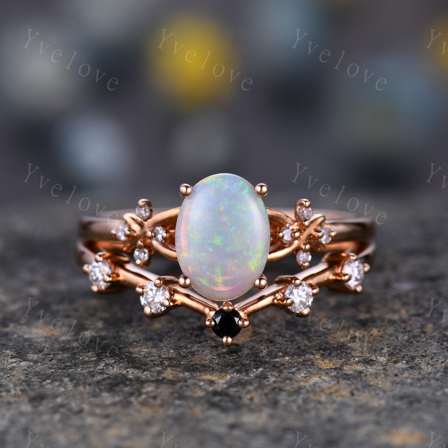 Natural Opal Engagement Ring Set,White Fire Opal,Oval Opal Bridal Set,Black Diamond Stacking Band,Cluster Women 14K Rose Gold Ring,Handmade