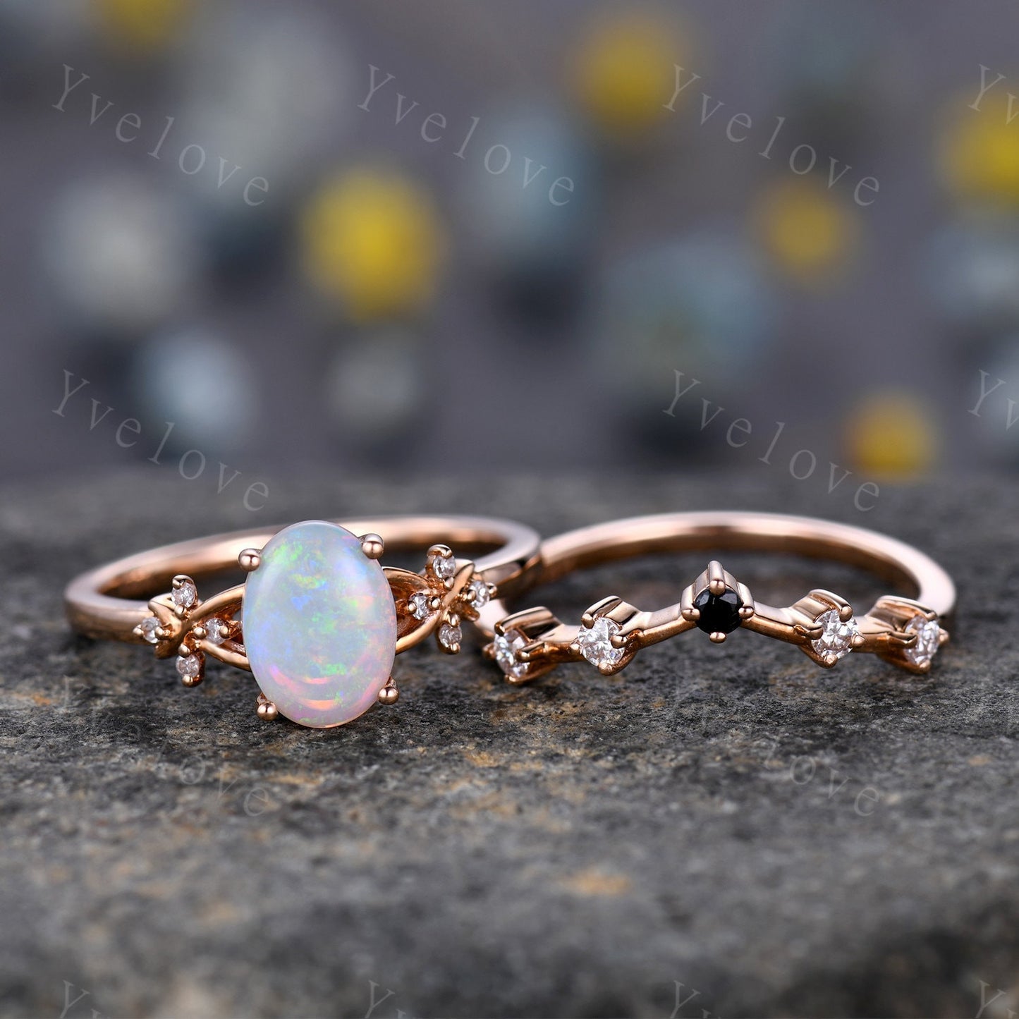 Natural Opal Engagement Ring Set,White Fire Opal,Oval Opal Bridal Set,Black Diamond Stacking Band,Cluster Women 14K Rose Gold Ring,Handmade