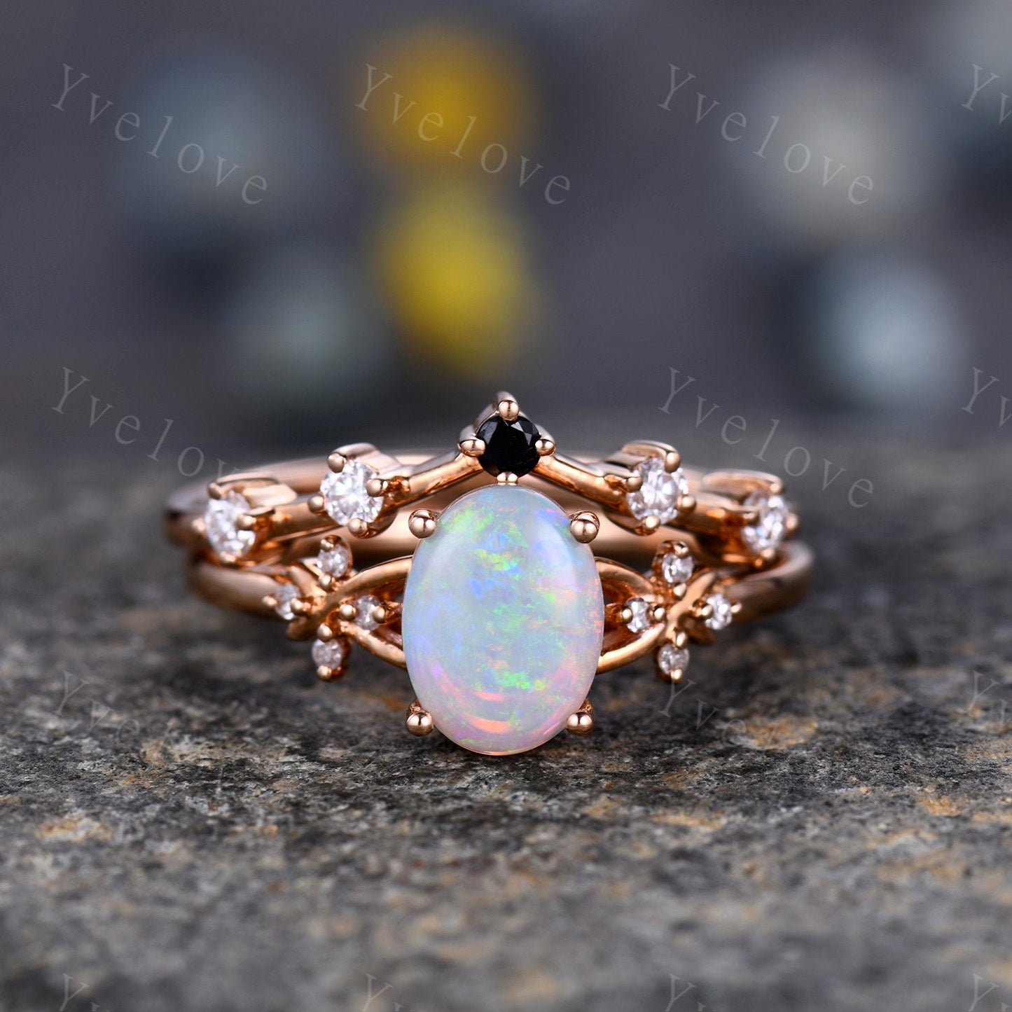 Natural Opal Engagement Ring Set,White Fire Opal,Oval Opal Bridal Set,Black Diamond Stacking Band,Cluster Women 14K Rose Gold Ring,Handmade
