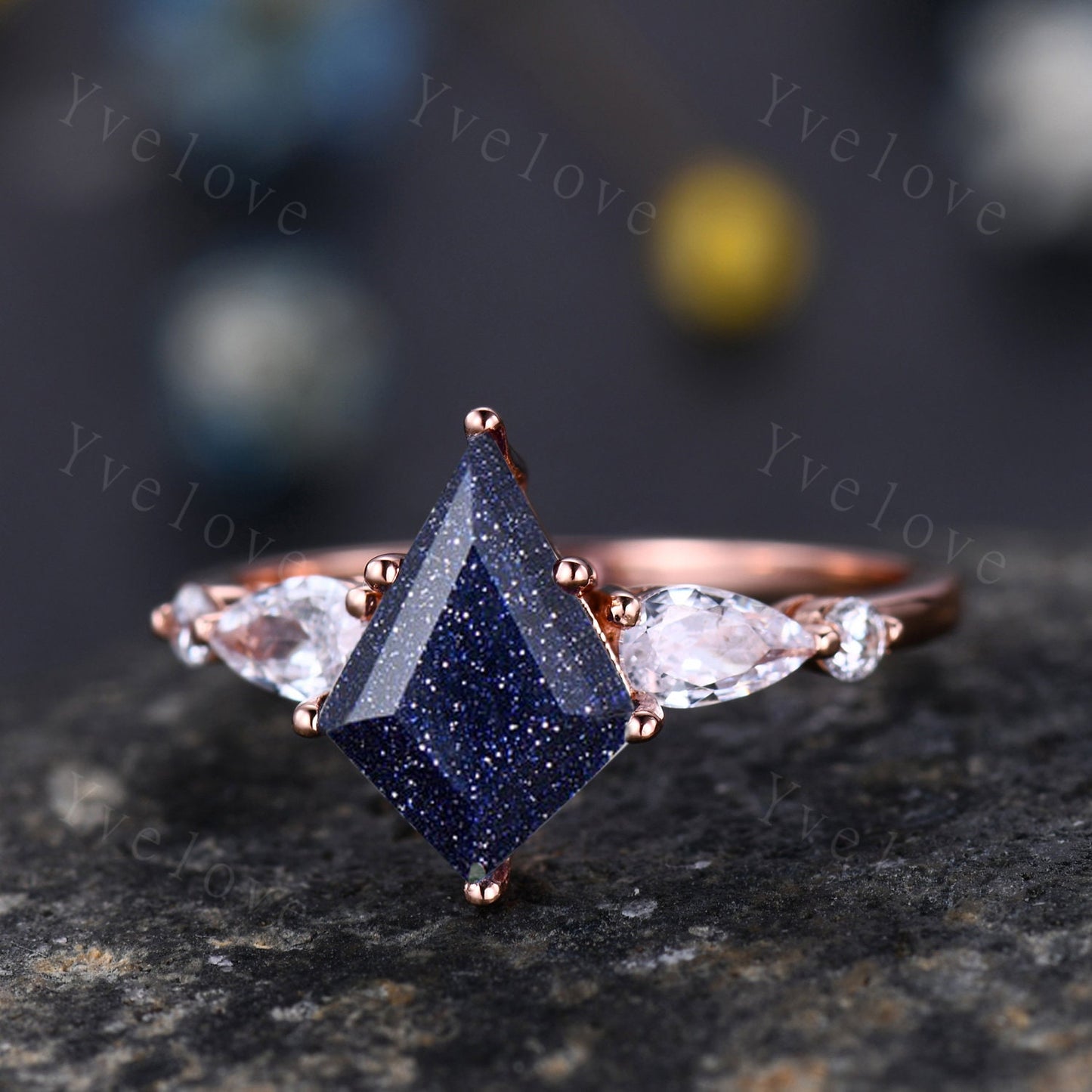 Vintage Kite Cut Sandstone Engagement Ring Set,Unique Bridal Ring Set,Twist Moissanite wedding Band,Rose Gold Galaxy Anniversary Ring Gift