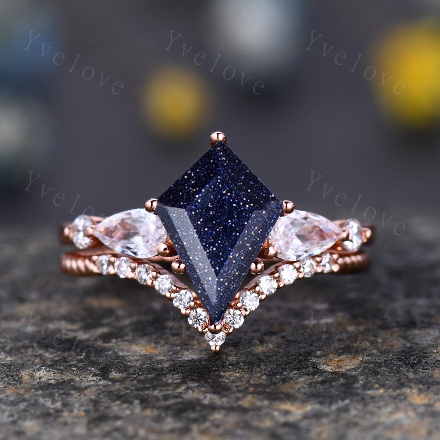 Vintage Kite Cut Sandstone Engagement Ring Set,Unique Bridal Ring Set,Twist Moissanite wedding Band,Rose Gold Galaxy Anniversary Ring Gift