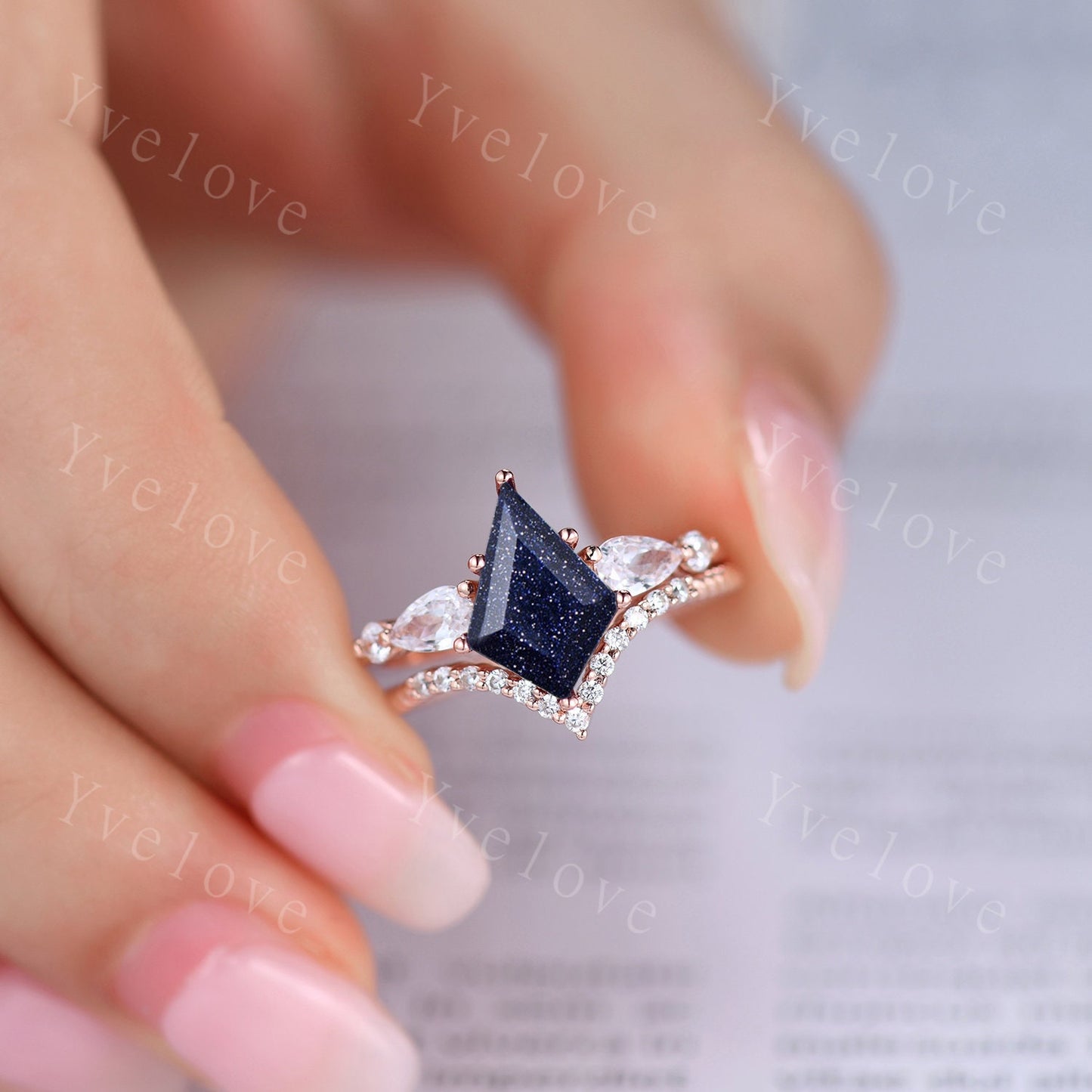 Vintage Kite Cut Sandstone Engagement Ring Set,Unique Bridal Ring Set,Twist Moissanite wedding Band,Rose Gold Galaxy Anniversary Ring Gift