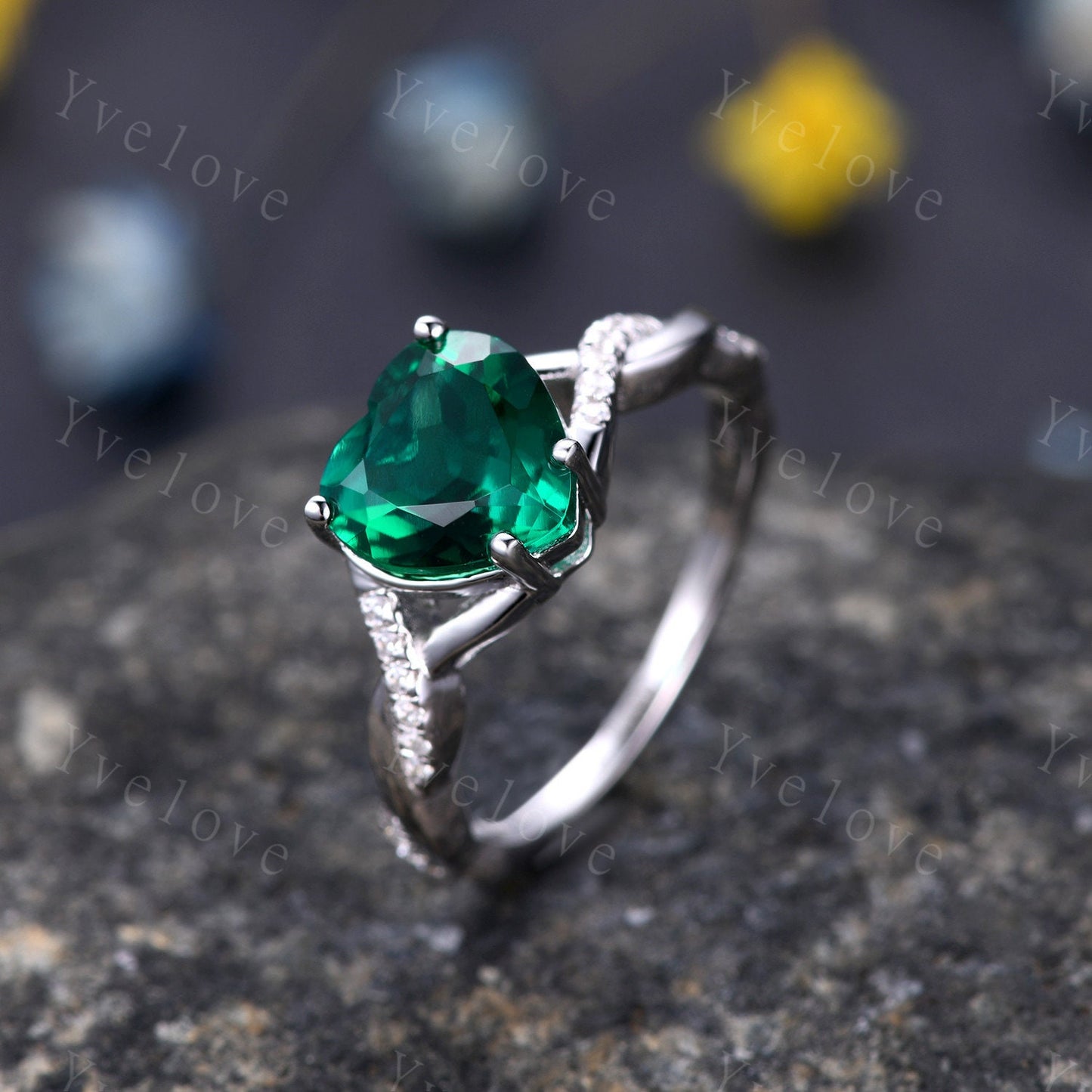Heart shaped Emerald engagement ring,Twist diamond wedding ring,Infinity wedding band,14k white gold,Crossover band,Bridal Valentine's ring