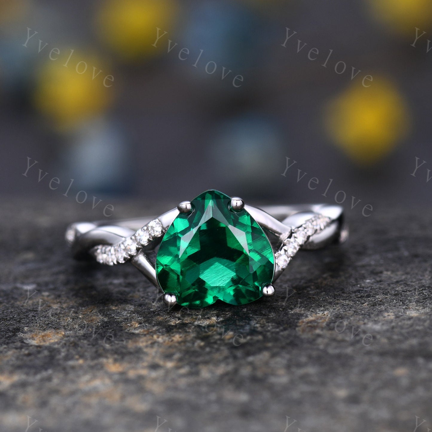 Heart shaped Emerald engagement ring,Twist diamond wedding ring,Infinity wedding band,14k white gold,Crossover band,Bridal Valentine's ring