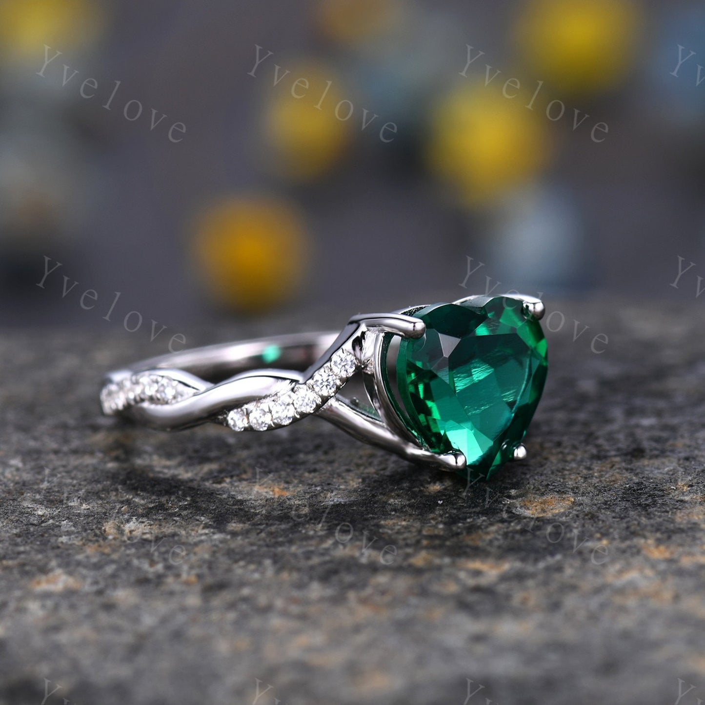 Heart shaped Emerald engagement ring,Twist diamond wedding ring,Infinity wedding band,14k white gold,Crossover band,Bridal Valentine's ring
