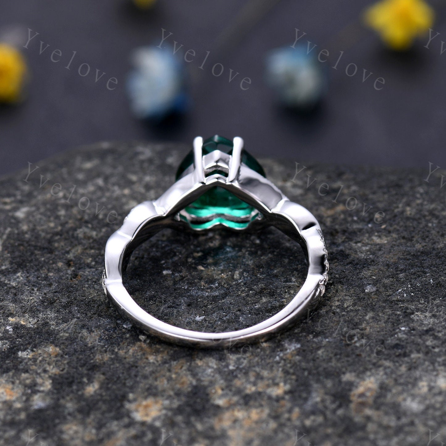 Heart shaped Emerald engagement ring,Twist diamond wedding ring,Infinity wedding band,14k white gold,Crossover band,Bridal Valentine's ring