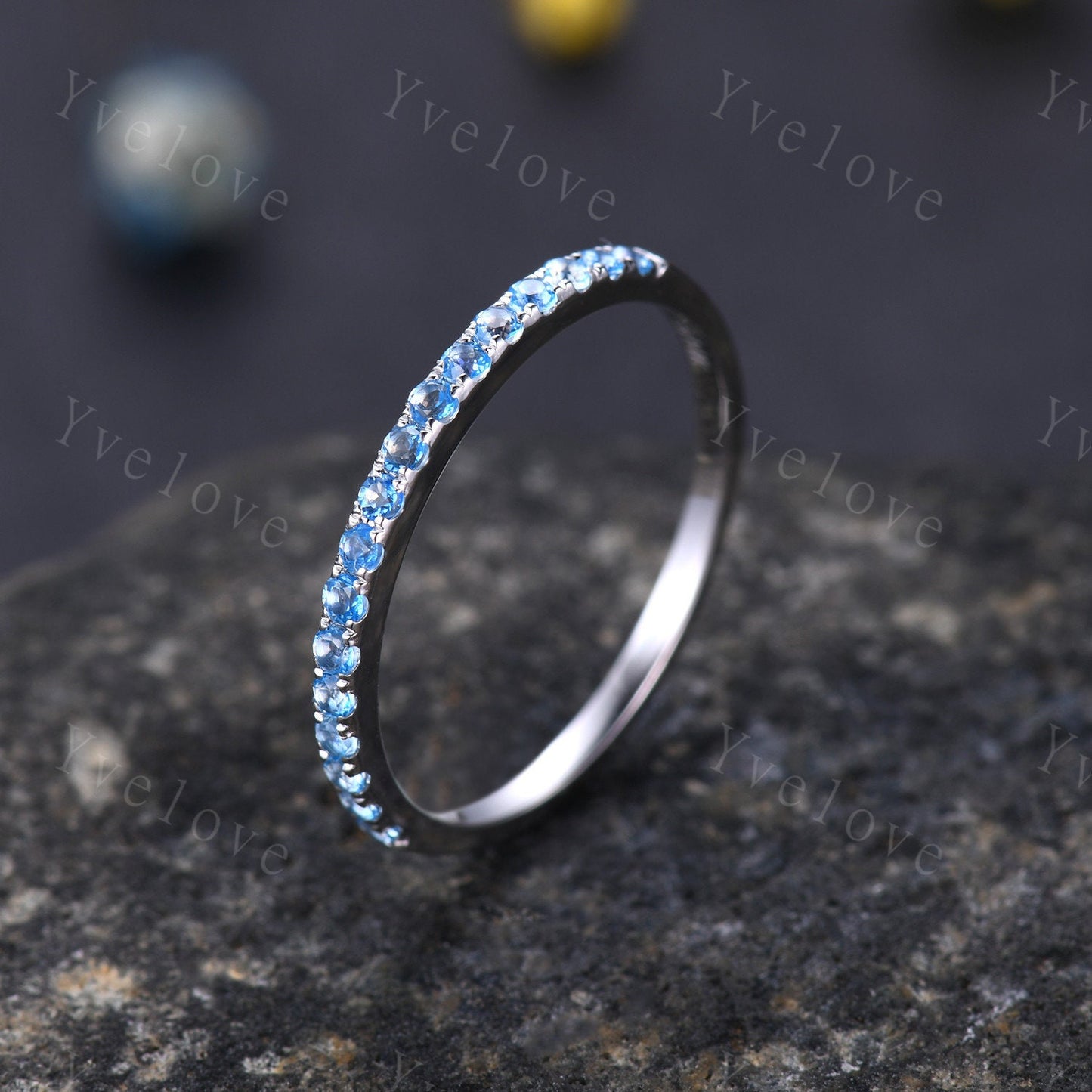 Swiss blue topaz wedding ring 14k white gold wedding band half eternity blue topaz matching band stacking ring anniversary gift for women