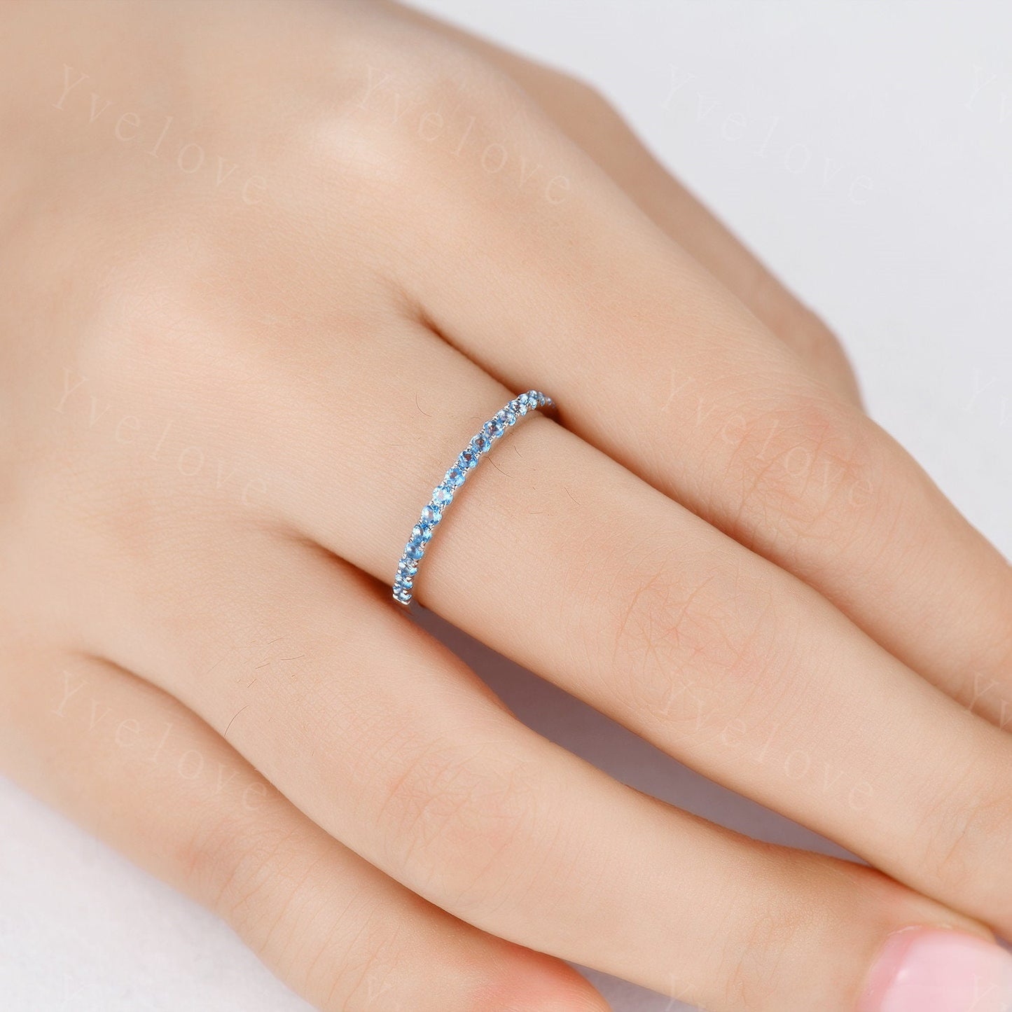 Swiss blue topaz wedding ring 14k white gold wedding band half eternity blue topaz matching band stacking ring anniversary gift for women
