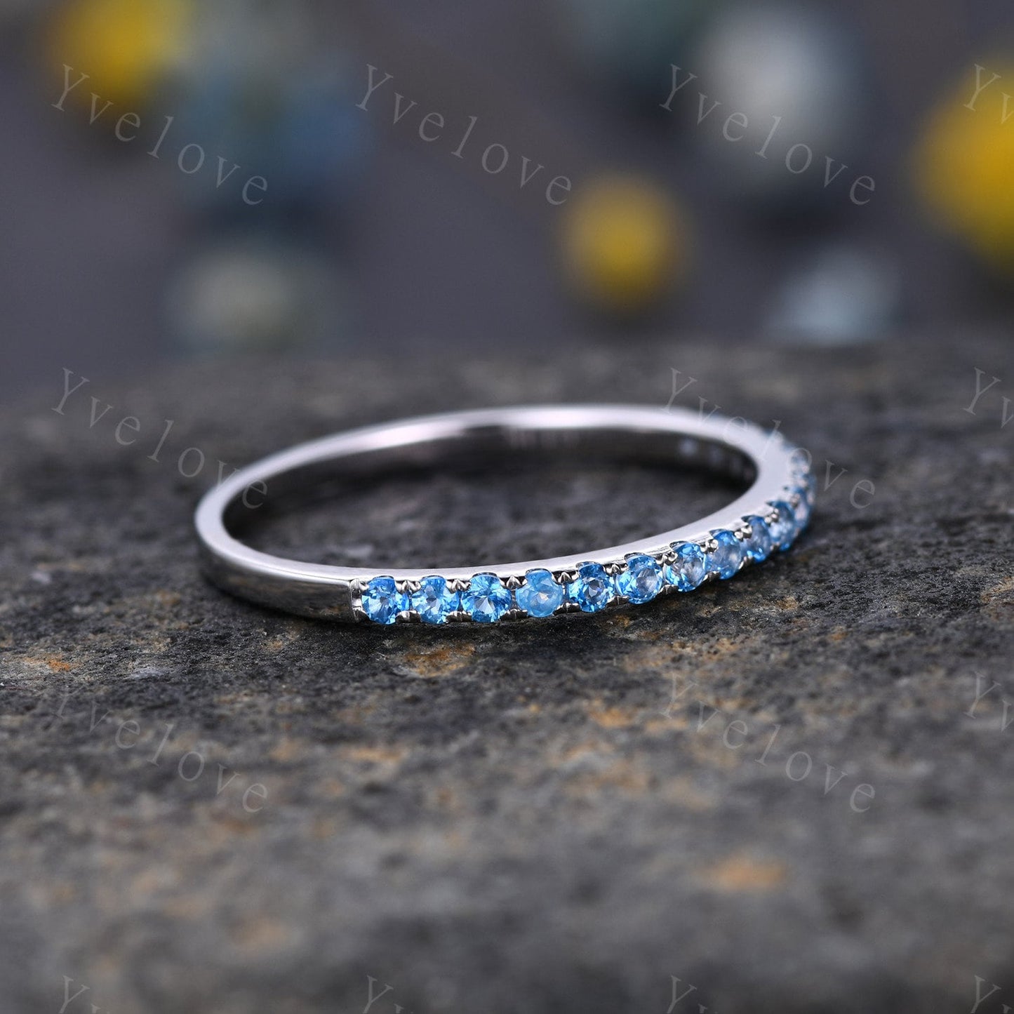 Swiss blue topaz wedding ring 14k white gold wedding band half eternity blue topaz matching band stacking ring anniversary gift for women