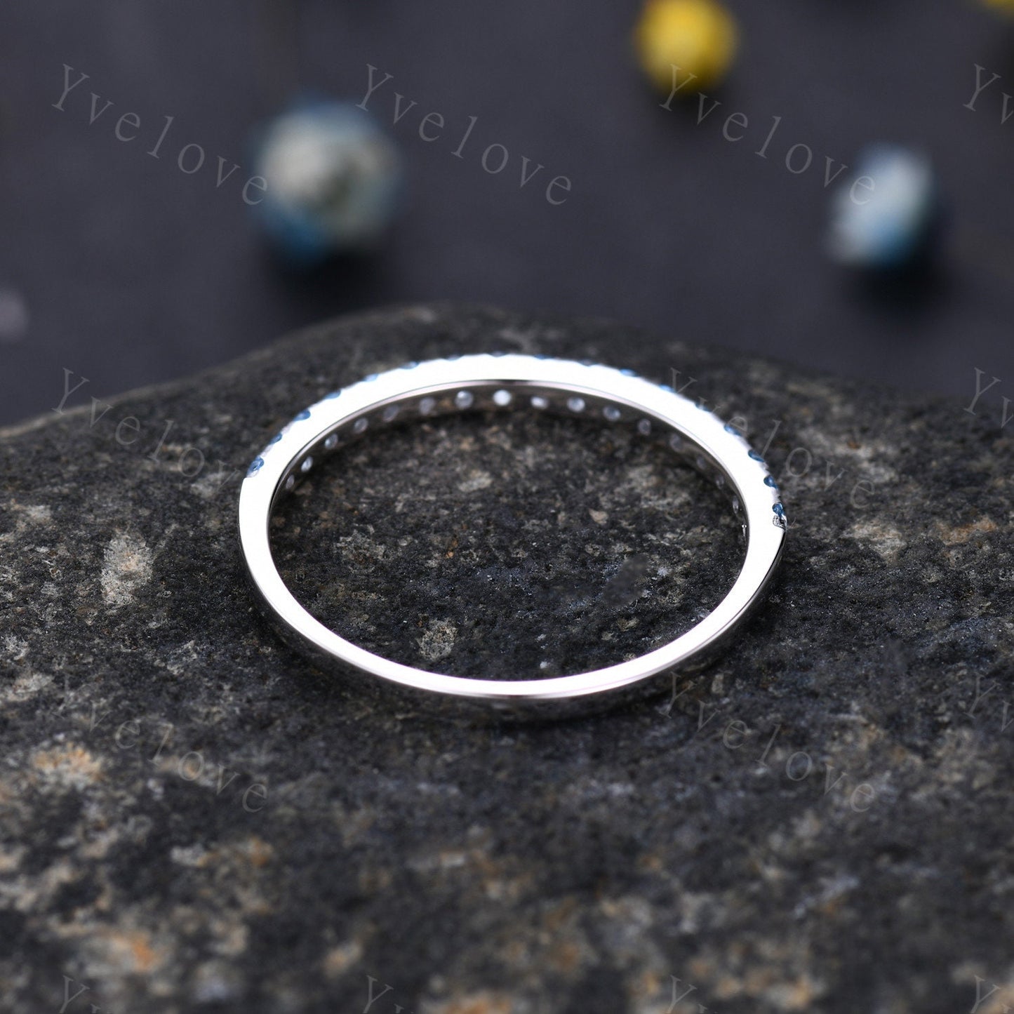 Swiss blue topaz wedding ring 14k white gold wedding band half eternity blue topaz matching band stacking ring anniversary gift for women