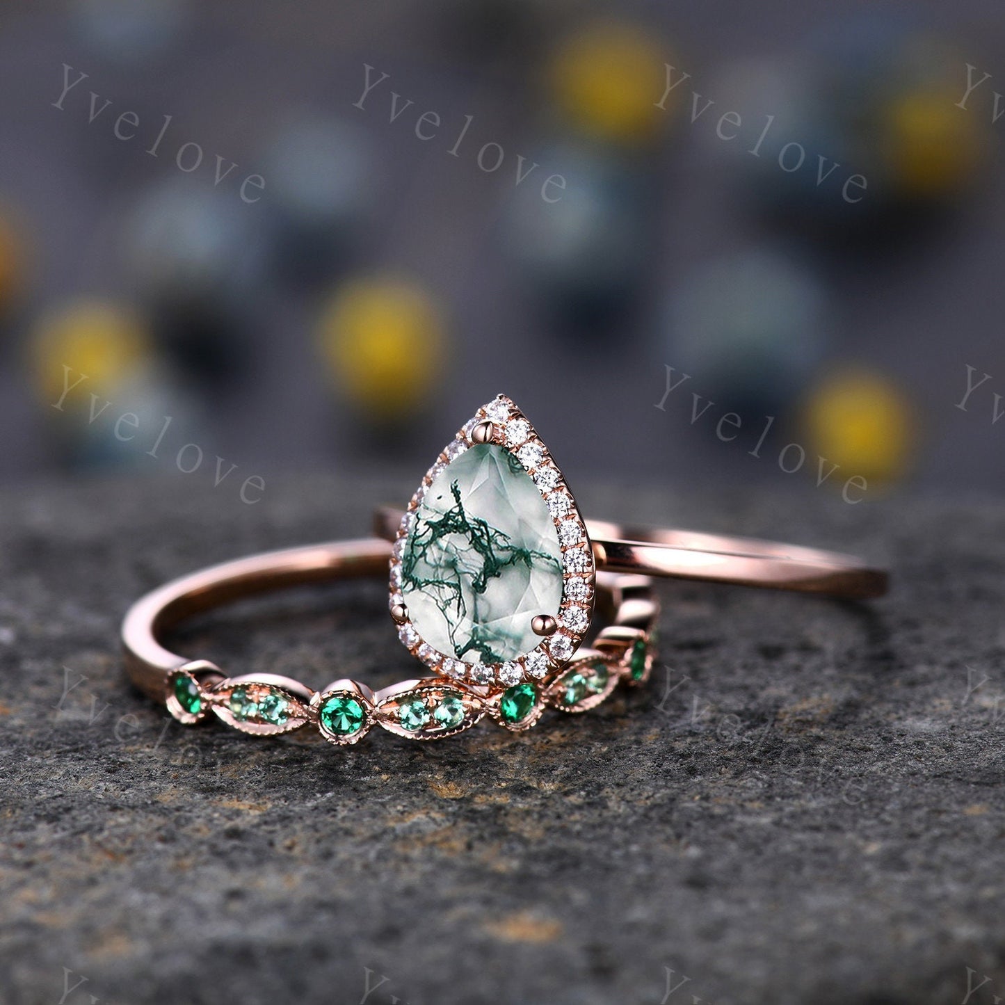 Unique Moss Agate Engagement Ring Set,Pear Cut Moss Agate Solitaire Ring,14k rose gold,Emerald Wedding band, Half Eternity matching band