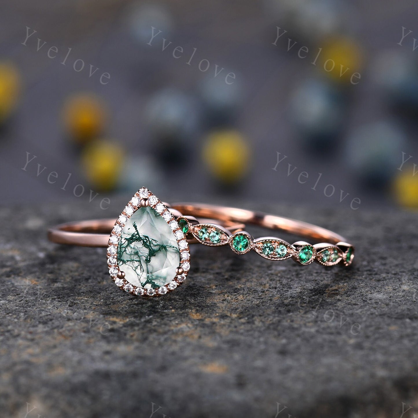 Unique Moss Agate Engagement Ring Set,Pear Cut Moss Agate Solitaire Ring,14k rose gold,Emerald Wedding band, Half Eternity matching band