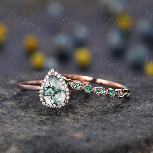 Unique Moss Agate Engagement Ring Set,Pear Cut Moss Agate Solitaire Ring,14k rose gold,Emerald Wedding band, Half Eternity matching band