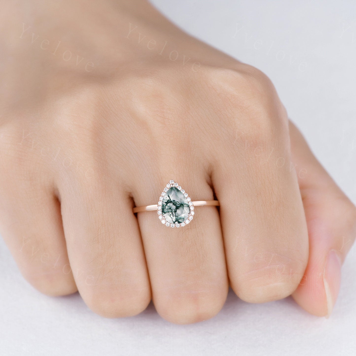 Unique Moss Agate Engagement Ring Set,Pear Cut Moss Agate Solitaire Ring,14k rose gold,Emerald Wedding band, Half Eternity matching band