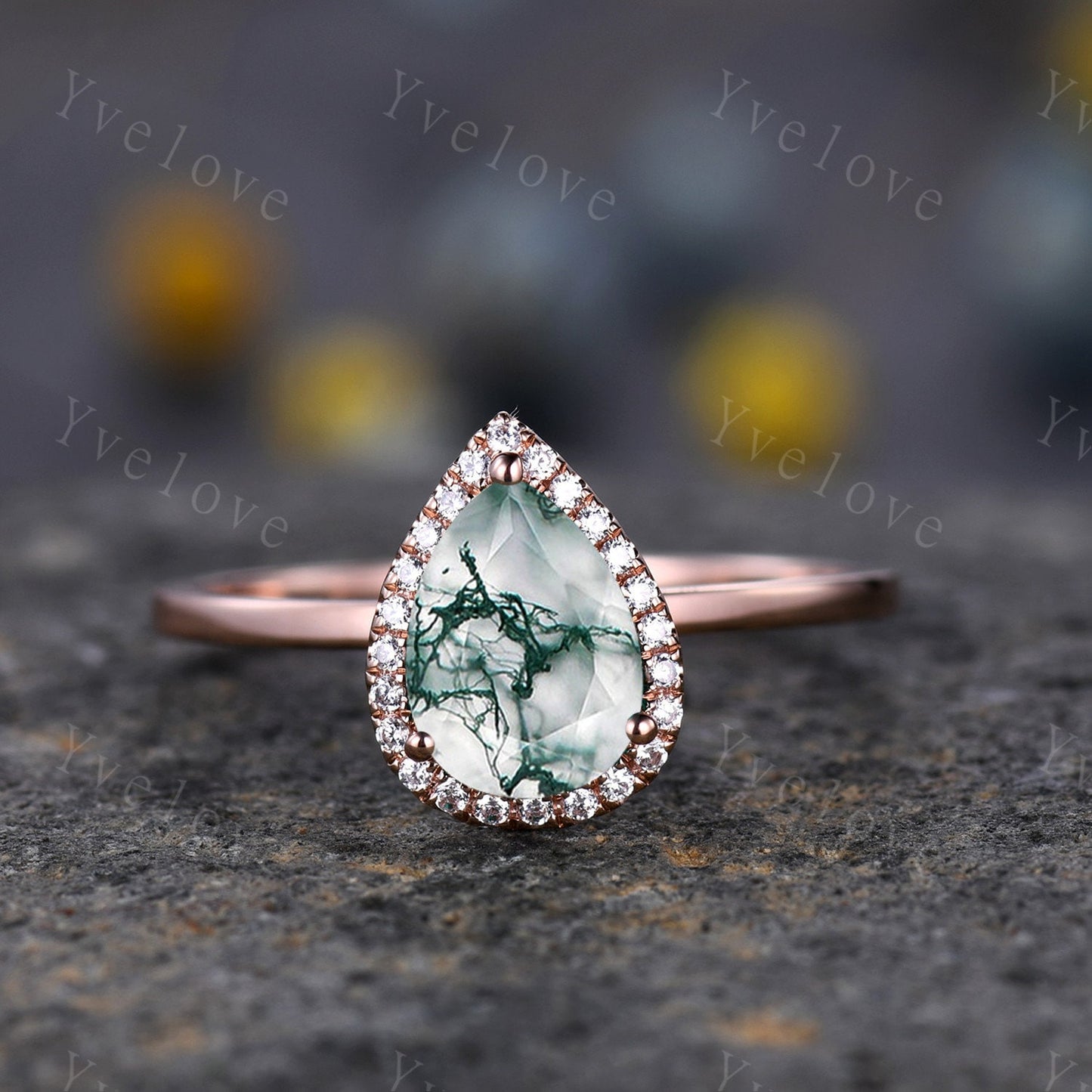 Unique Moss Agate Engagement Ring Set,Pear Cut Moss Agate Solitaire Ring,14k rose gold,Emerald Wedding band, Half Eternity matching band