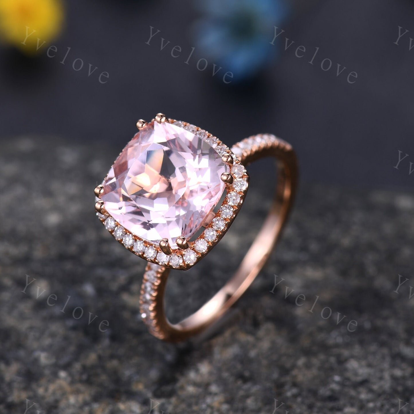 9mm Morganite engagement ring cushion morganite ring pink gemstone diamond wedding band petite band solid 14k rose gold wedding ring for her