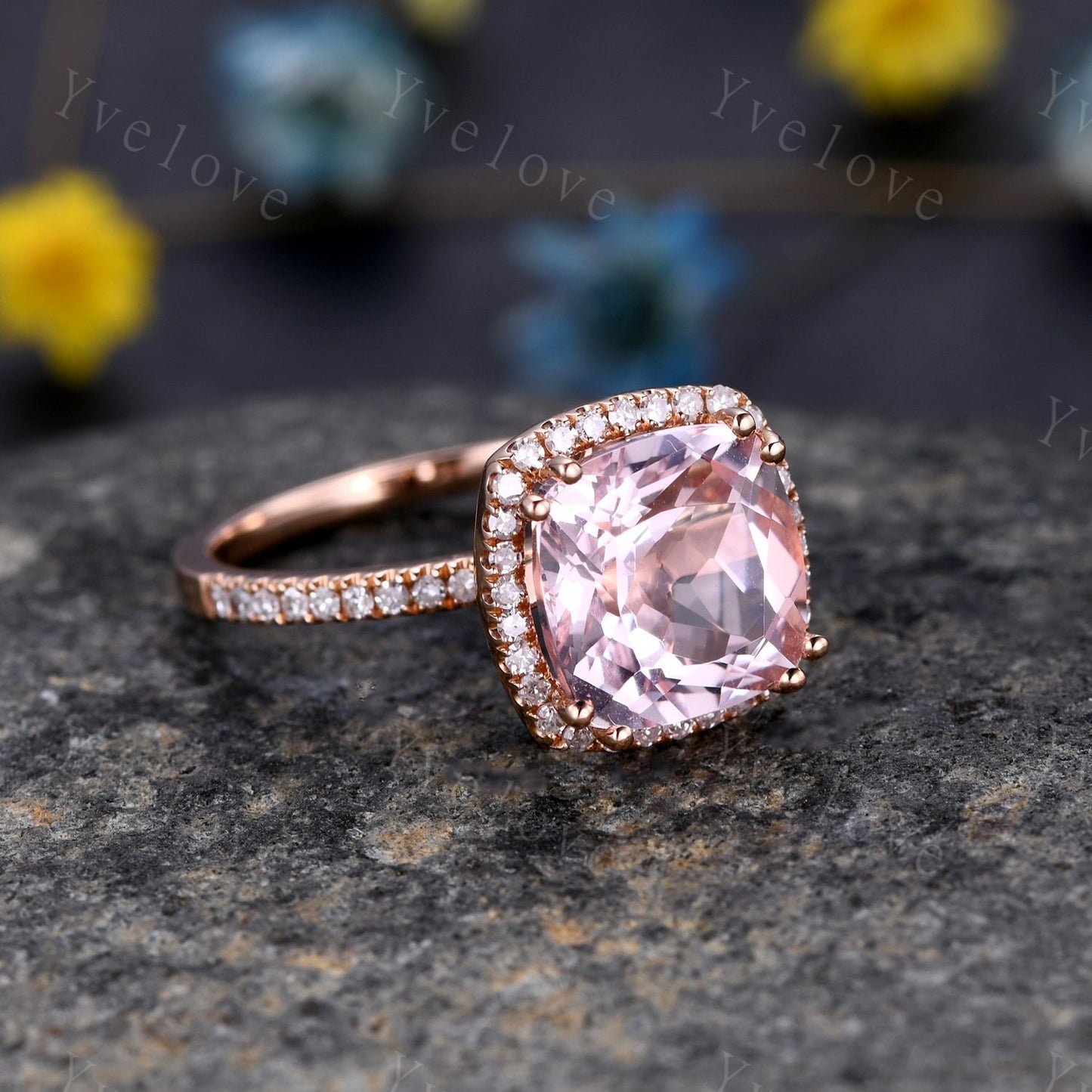 9mm Morganite engagement ring cushion morganite ring pink gemstone diamond wedding band petite band solid 14k rose gold wedding ring for her