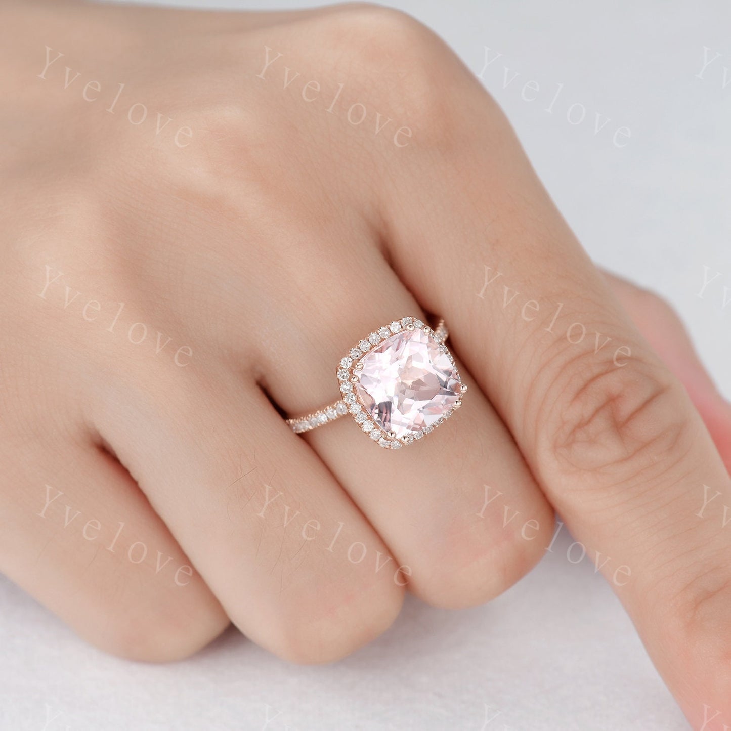 9mm Morganite engagement ring cushion morganite ring pink gemstone diamond wedding band petite band solid 14k rose gold wedding ring for her