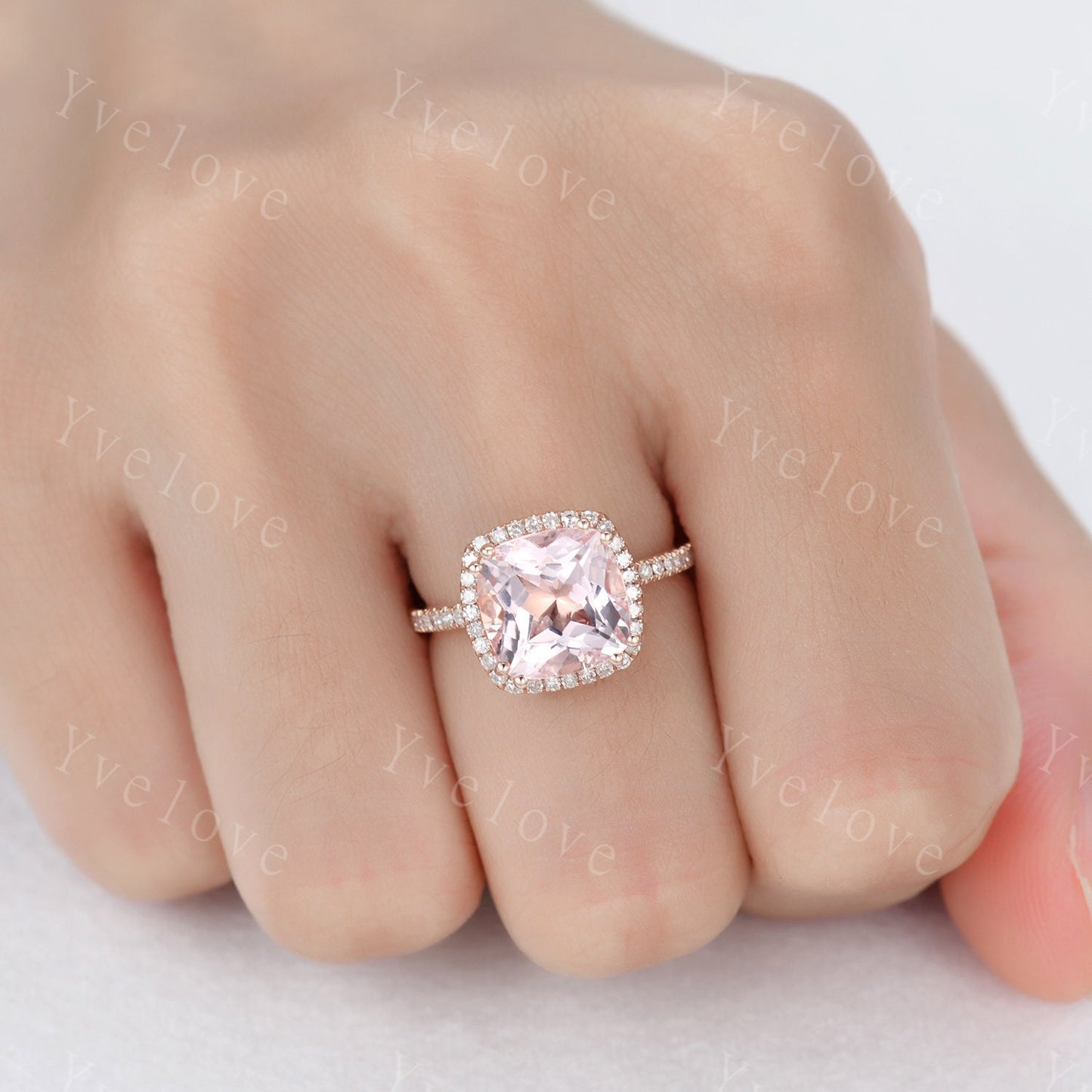 9mm Morganite engagement ring cushion morganite ring pink gemstone diamond wedding band petite band solid 14k rose gold wedding ring for her